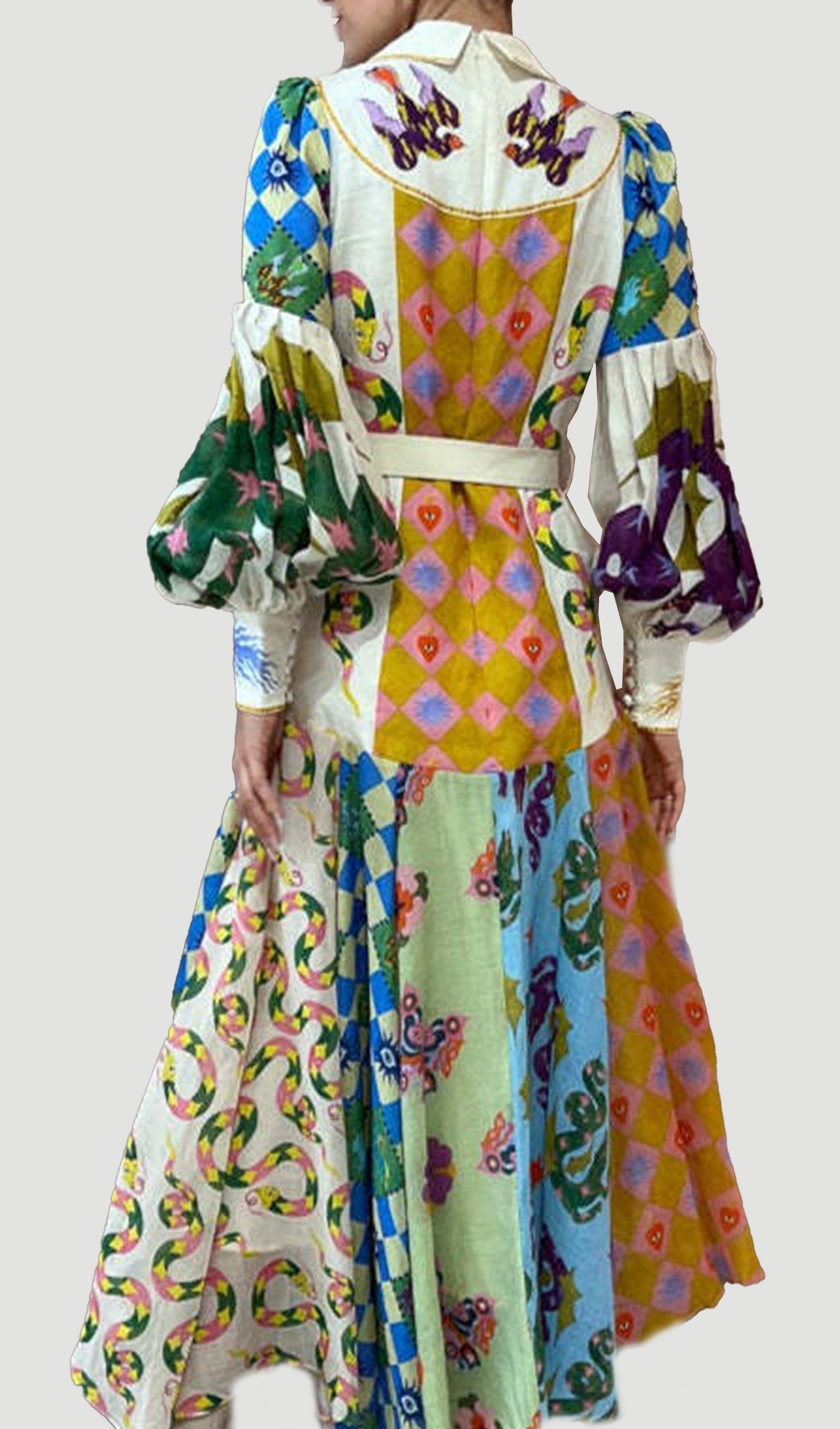 Patchwork Fener Kollu Kemer Gömlek Maksi Elbise