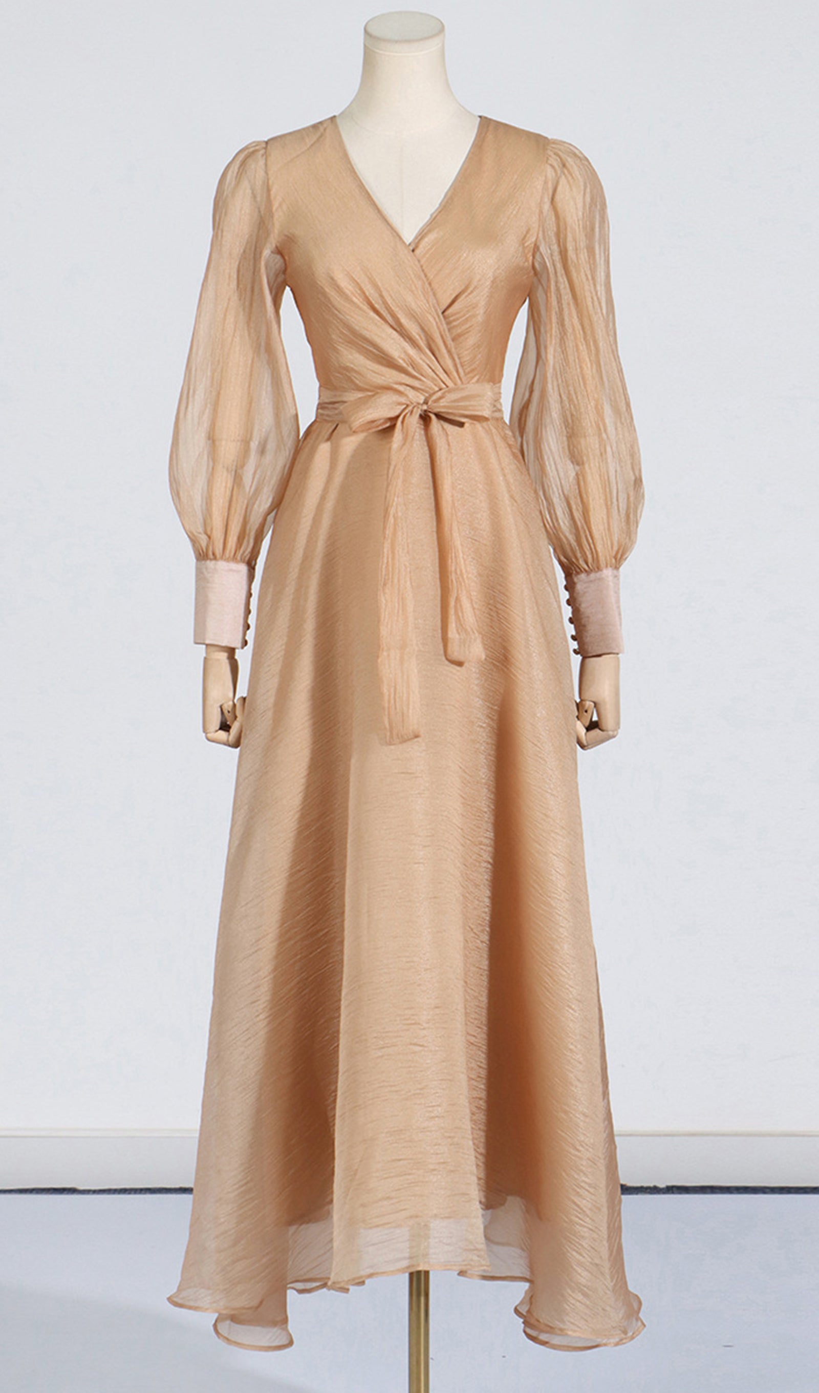 Fener Kollu V Yaka Bel Kemerli Maksi Elbise