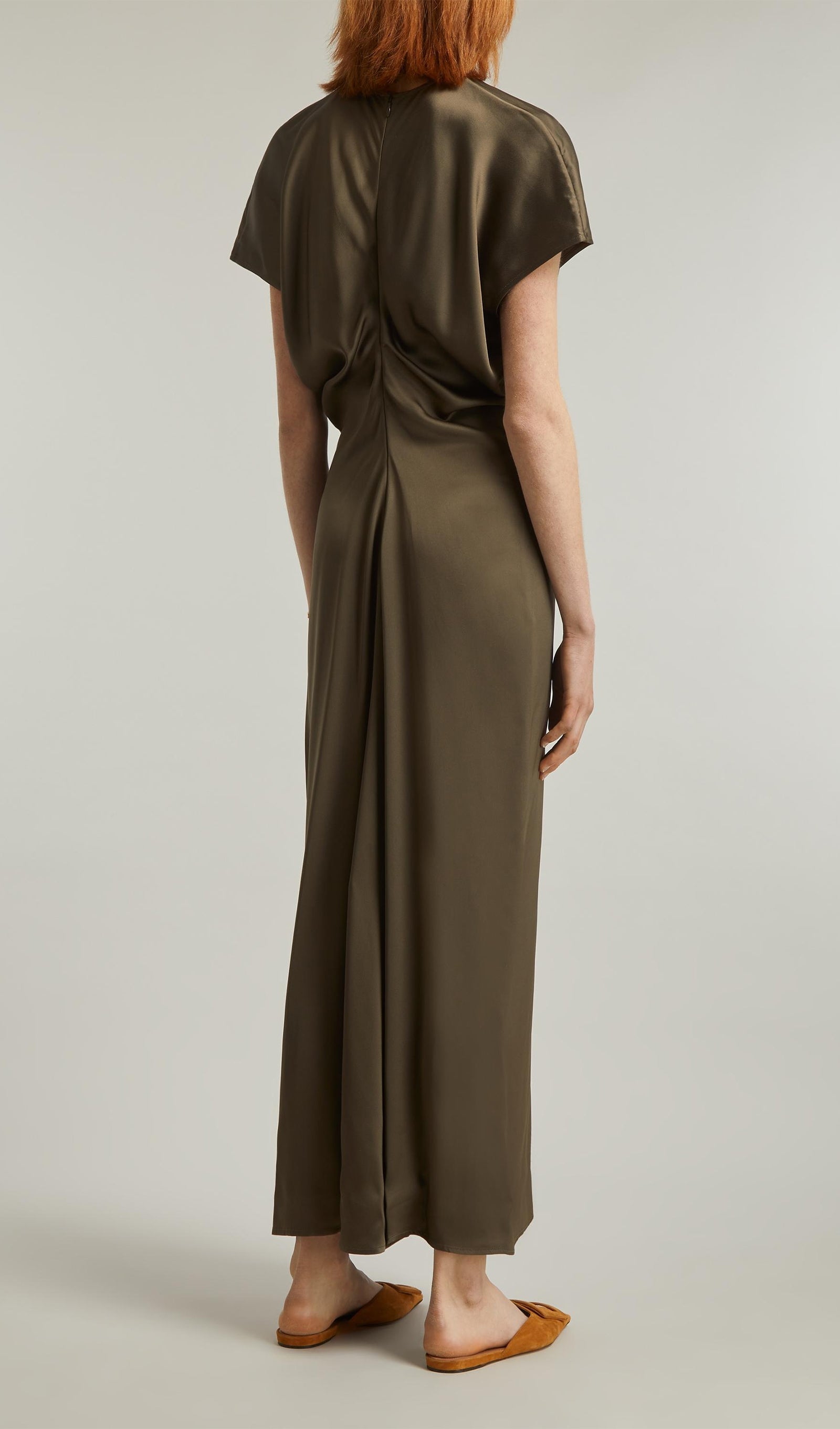 Slouch Bel Saten Midi Elbise-Yeşil