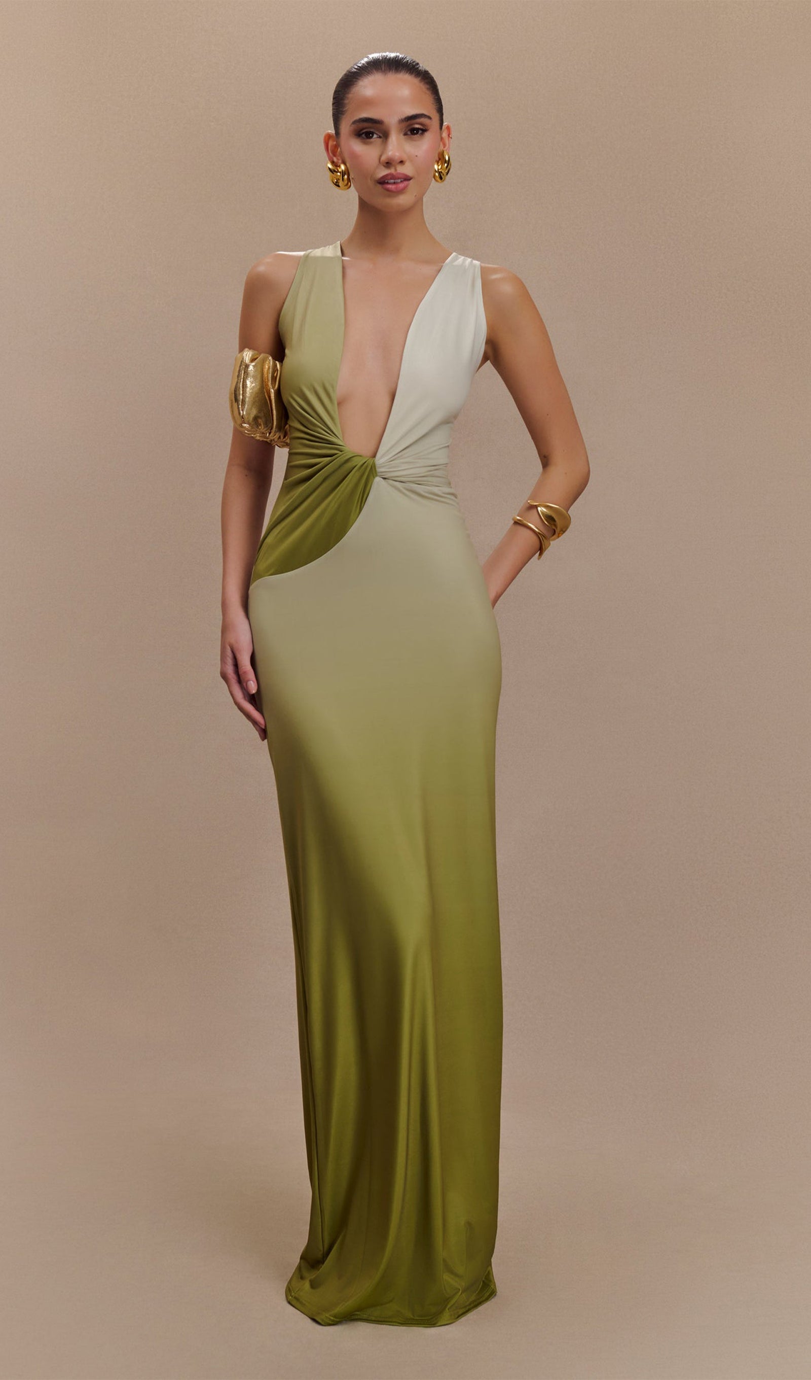Drapeli Dar Maksi Elbise Ombre Zeytin