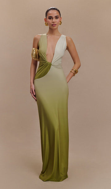 Drapeli Dar Maksi Elbise Ombre Zeytin
