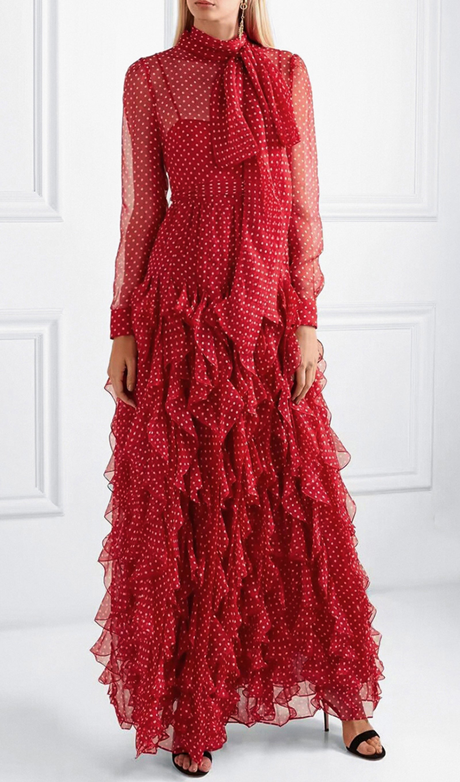 Vintage Görünümlü Puantiyeli Fırfırlı Maksi Elbise Kırmızı