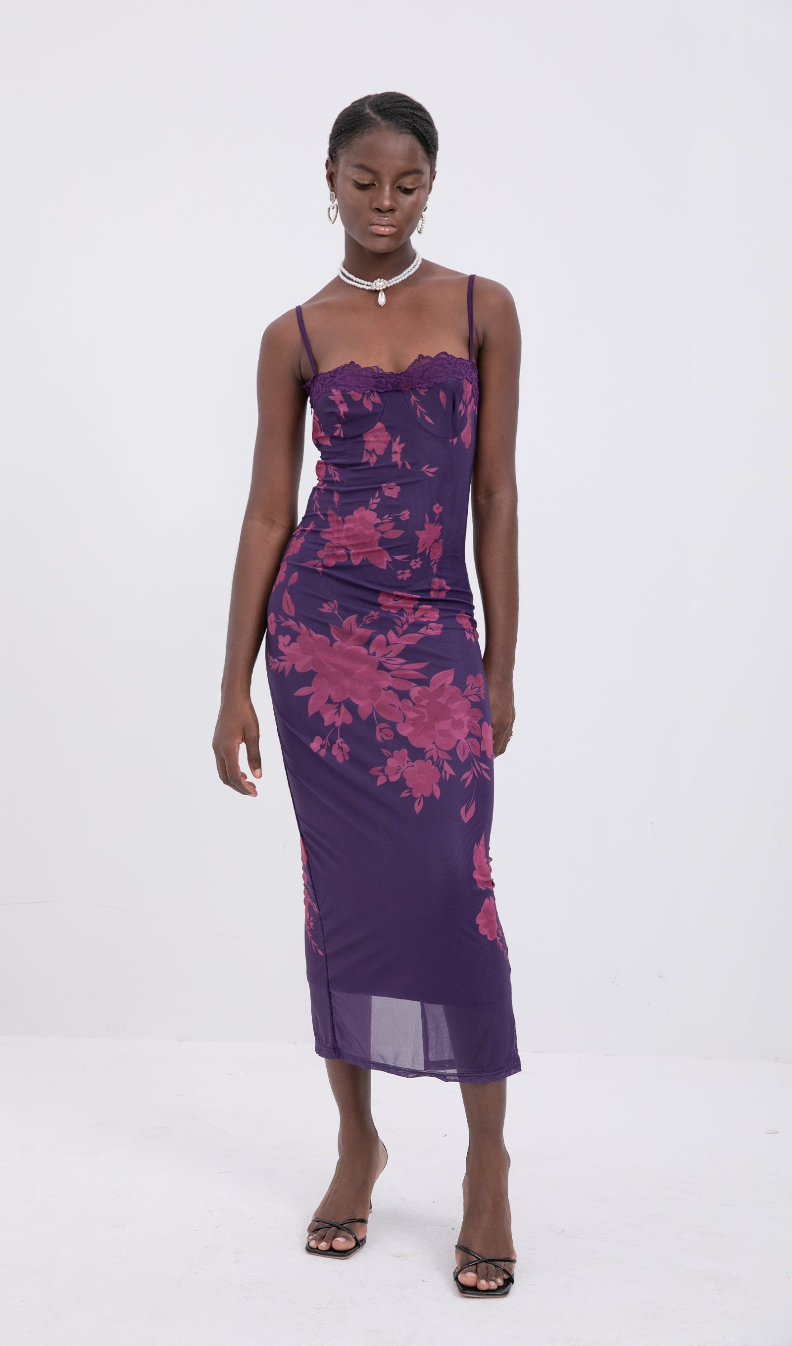 Trendy Bağcıklı Dantel Çiçekli Örgü Midi Elbise