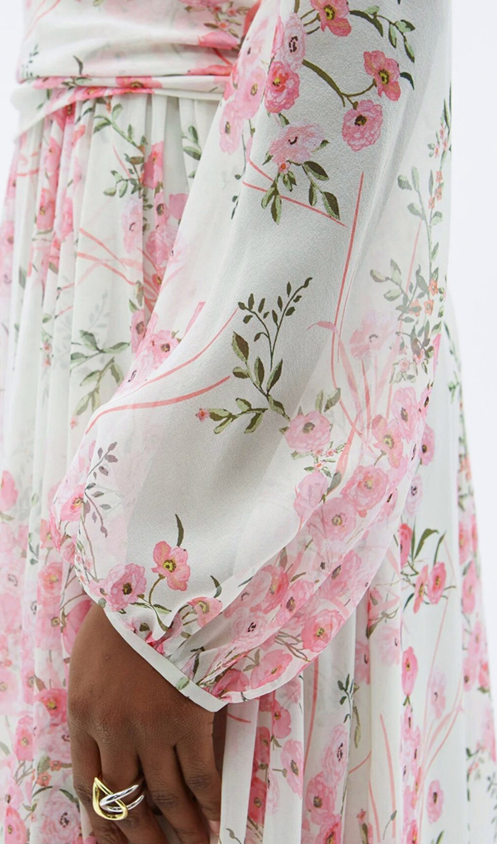 Uzun Kollu Çiçekli Fit ve Flare Maksi Elbise