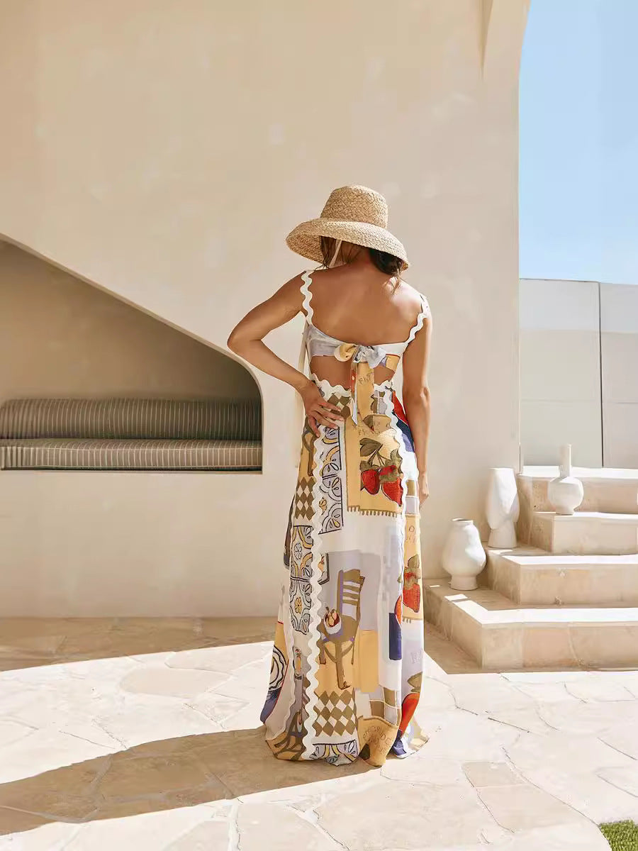 Spagetti Askılı Baskılı Maksi Elbise
