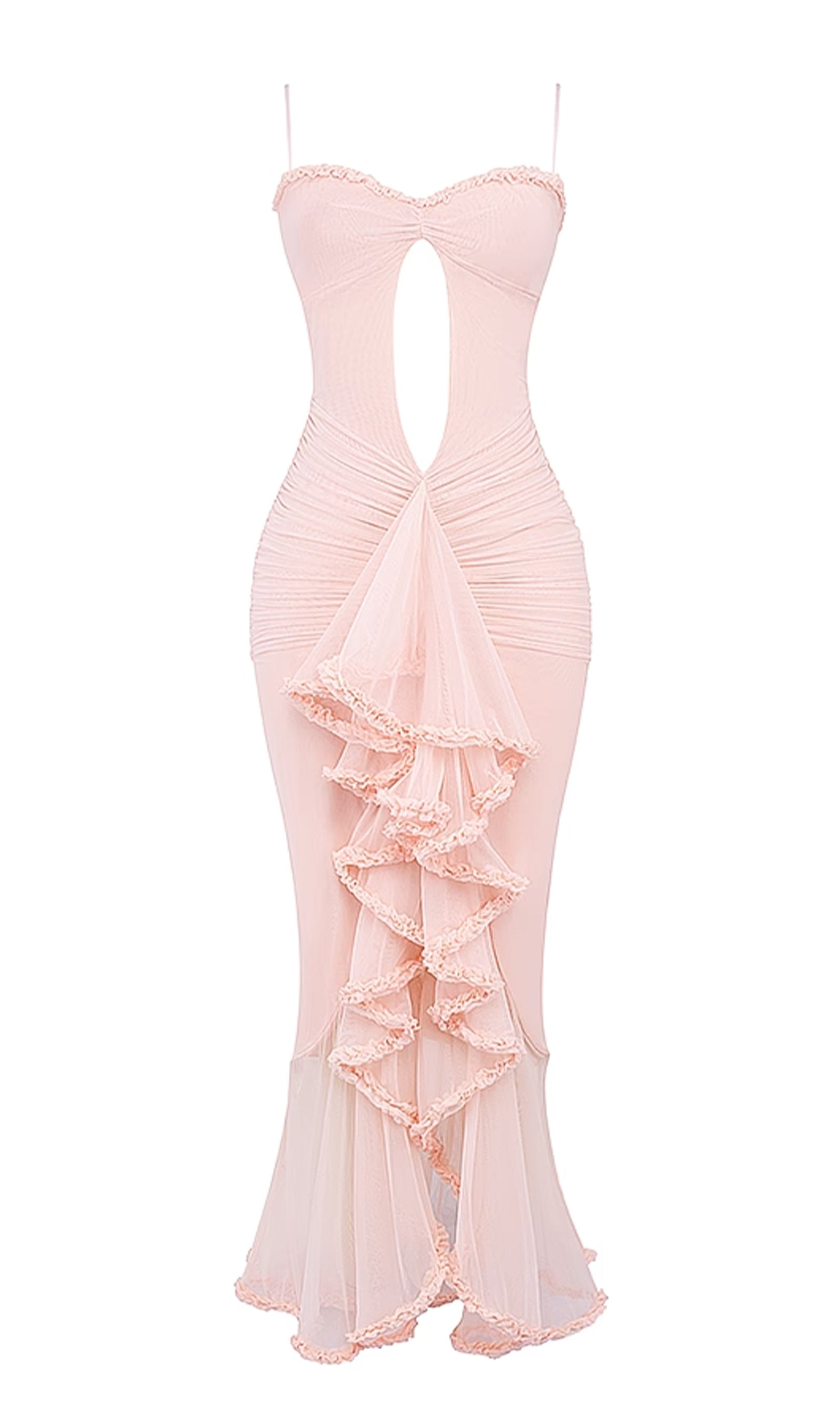 Fırfırlı Önden Elbiseli Maksi Elbise-Pembe