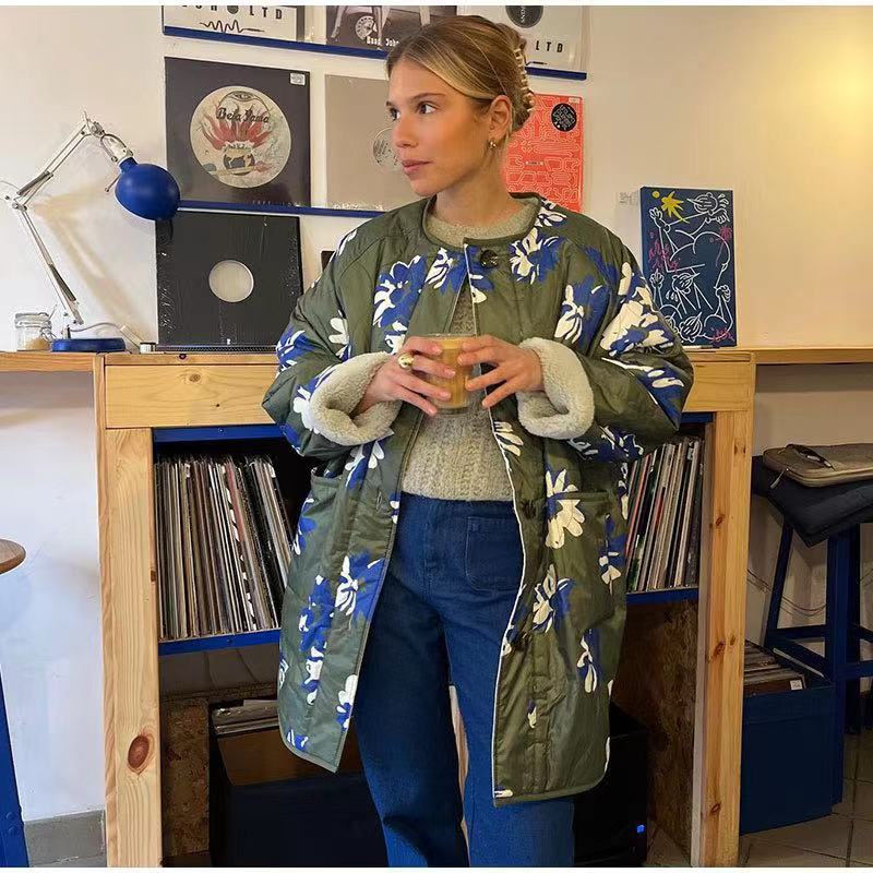 Çift Yönlü Günlük Çiçekli Kontrast O Yaka Dış Giyim