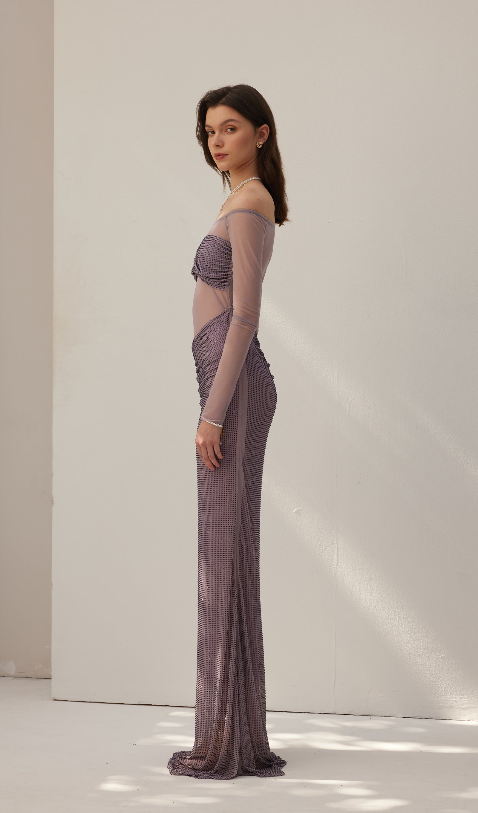 Diamante Kapalı Omuz Maksi Elbise - Gri Mor