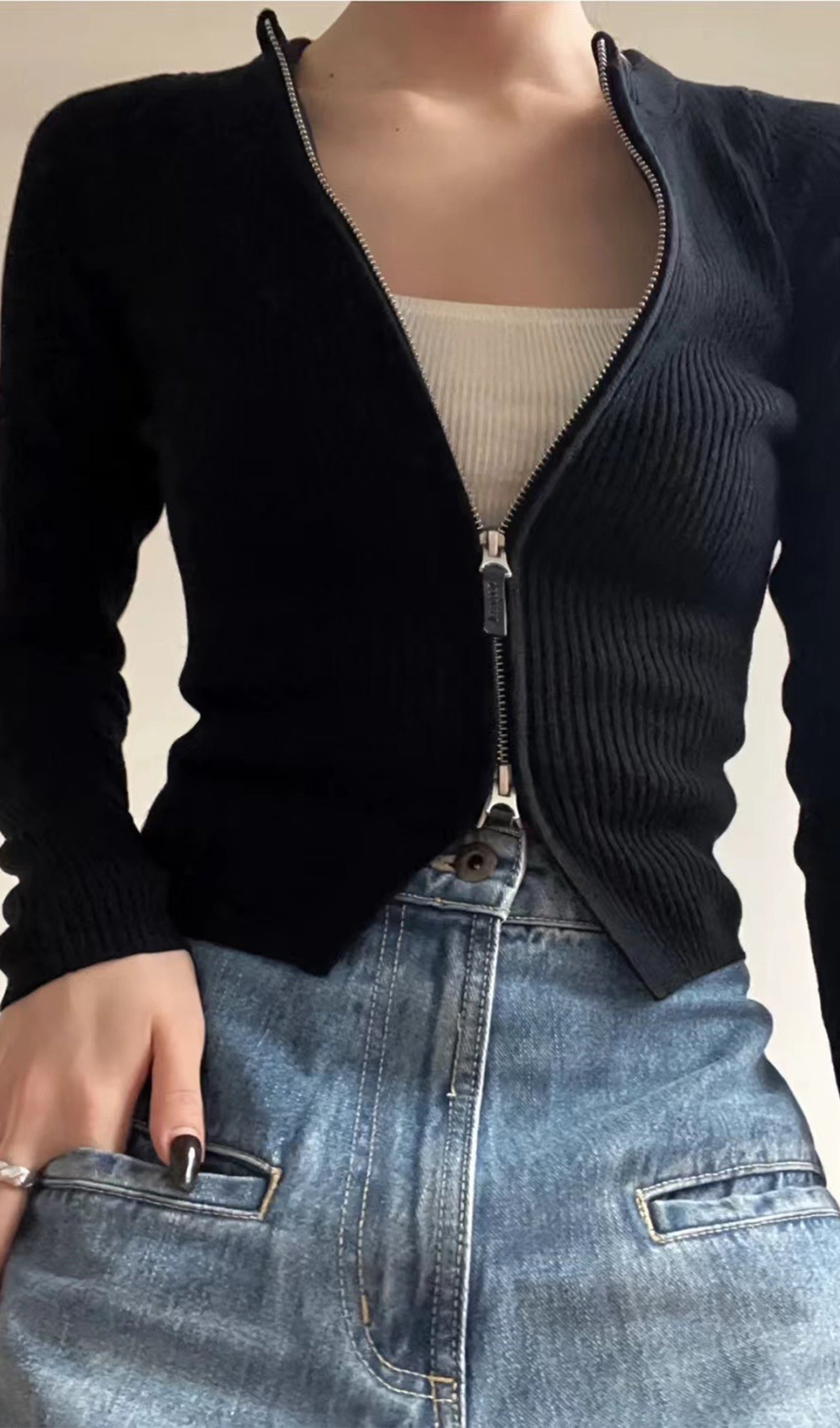 Fermuarlı Ribana Örgü Hırka Üst