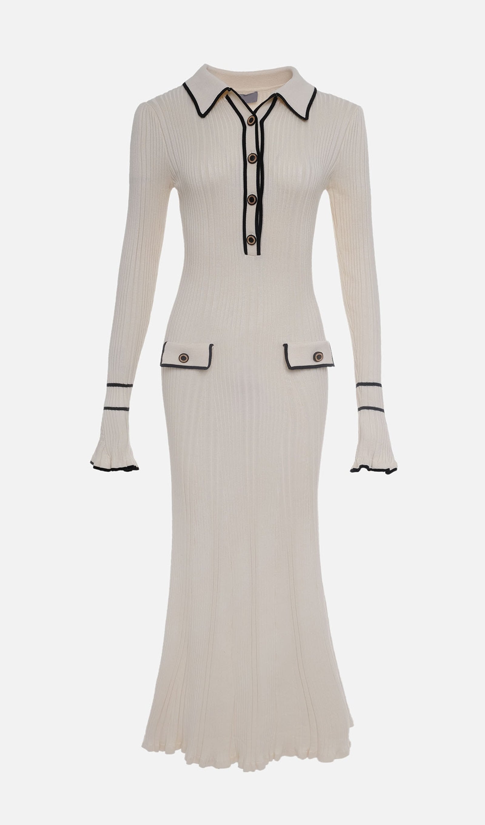 Fitilli Ribana Örgü Midi Elbise-Krem