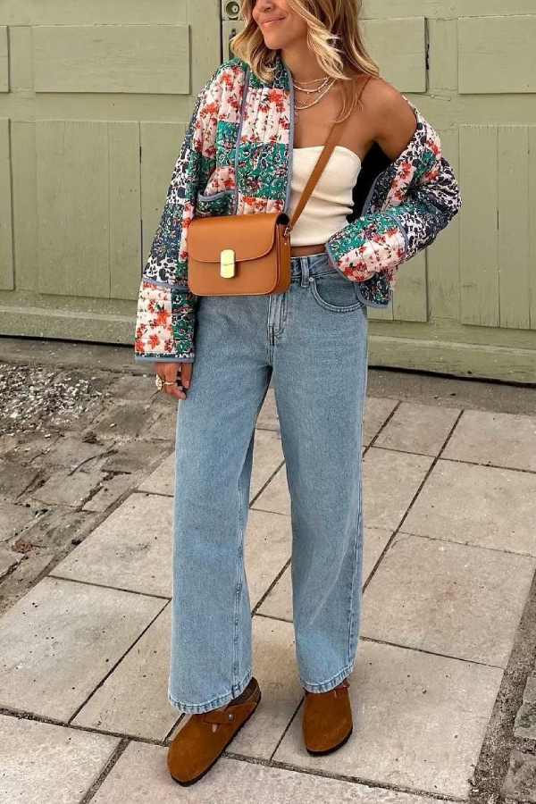 Moda Baskılı Bol Günlük Hırka Kısa Kapitone Pamuklu Ceket