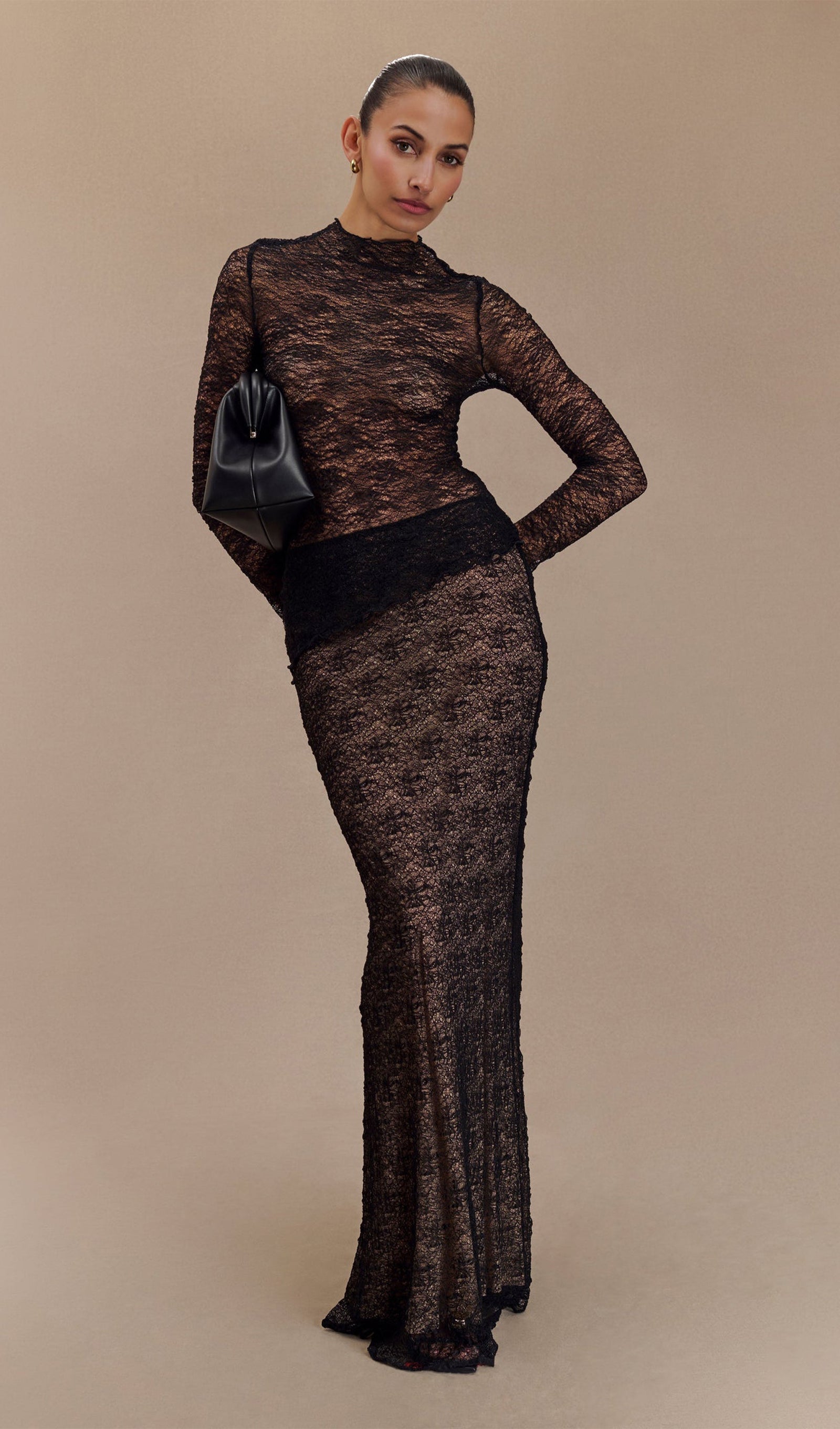 Şeffaf Dantel Maksi Etek - Siyah