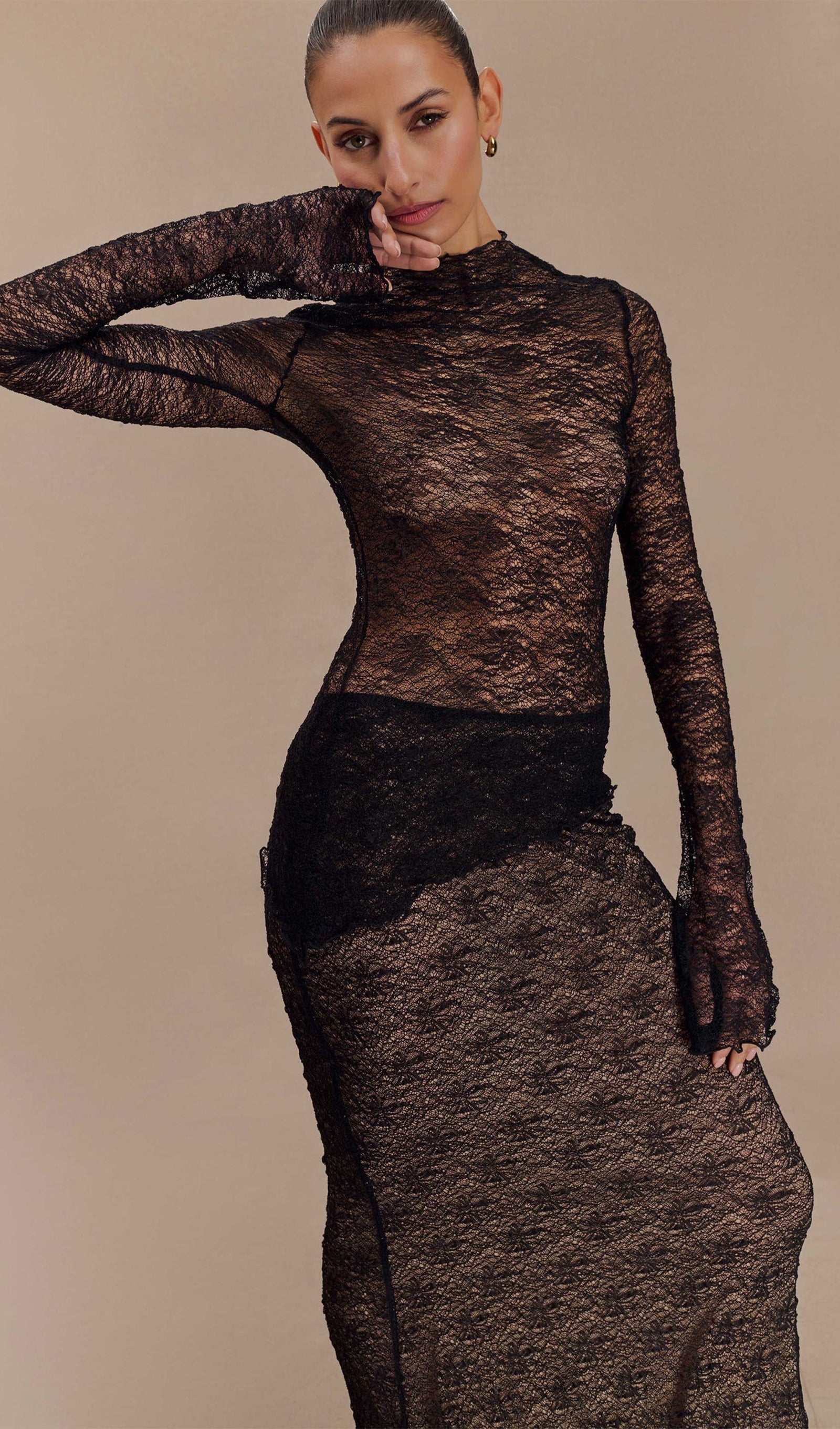 Şeffaf Dantel Maksi Etek - Siyah