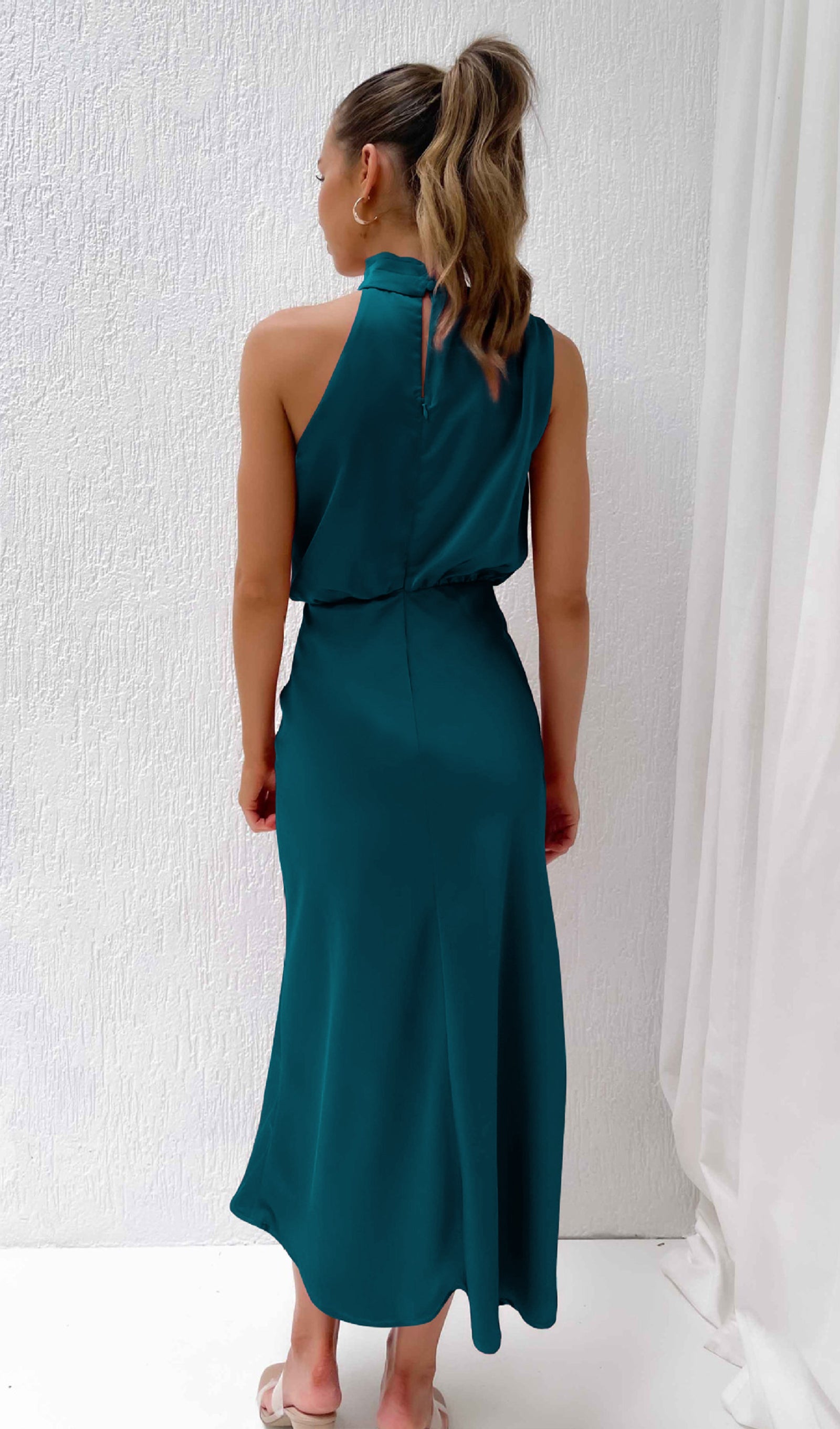 Asimetrik Saten Midi Elbise