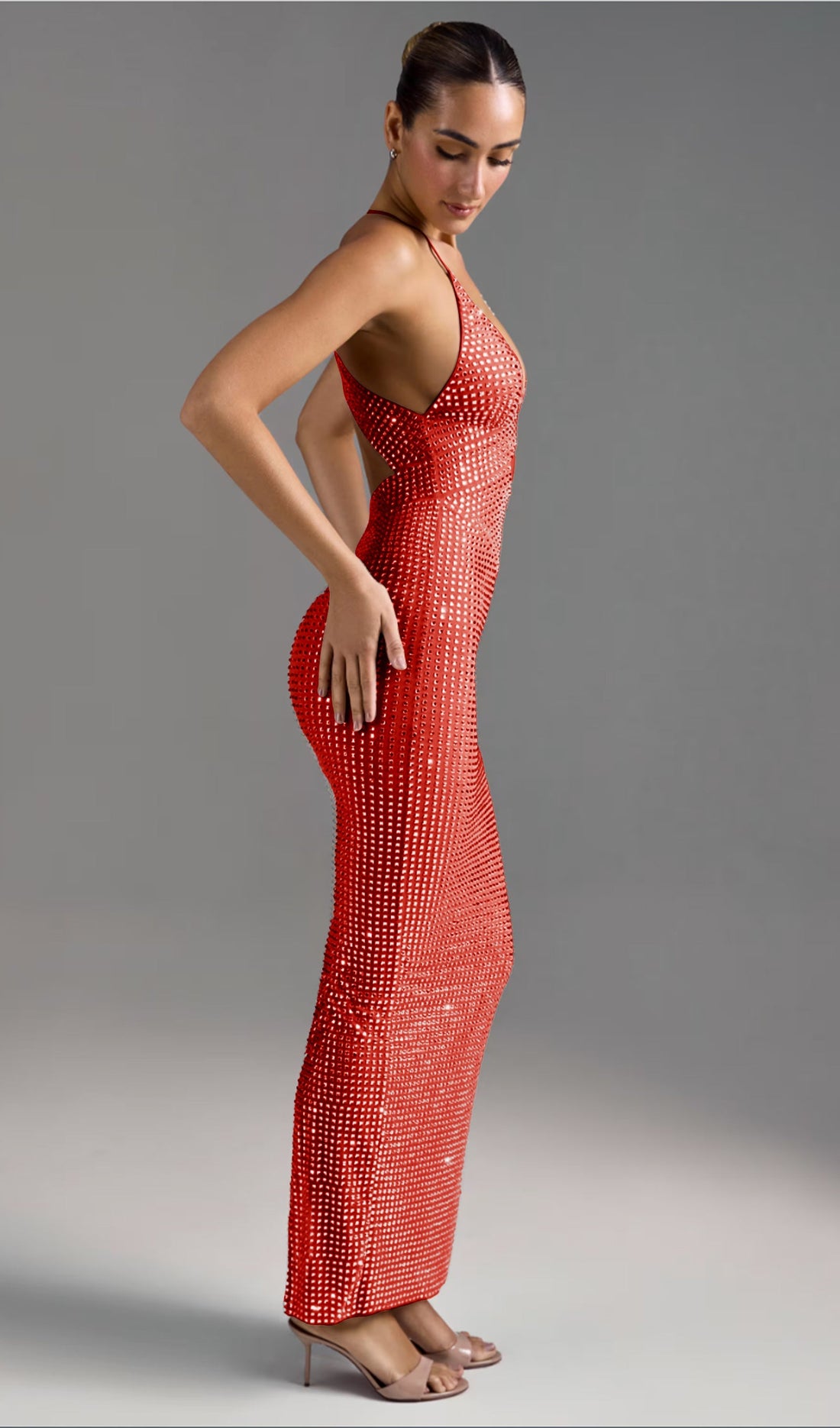 Süslemeli Taşlı Kesik Maksi Elbise Kırmızı