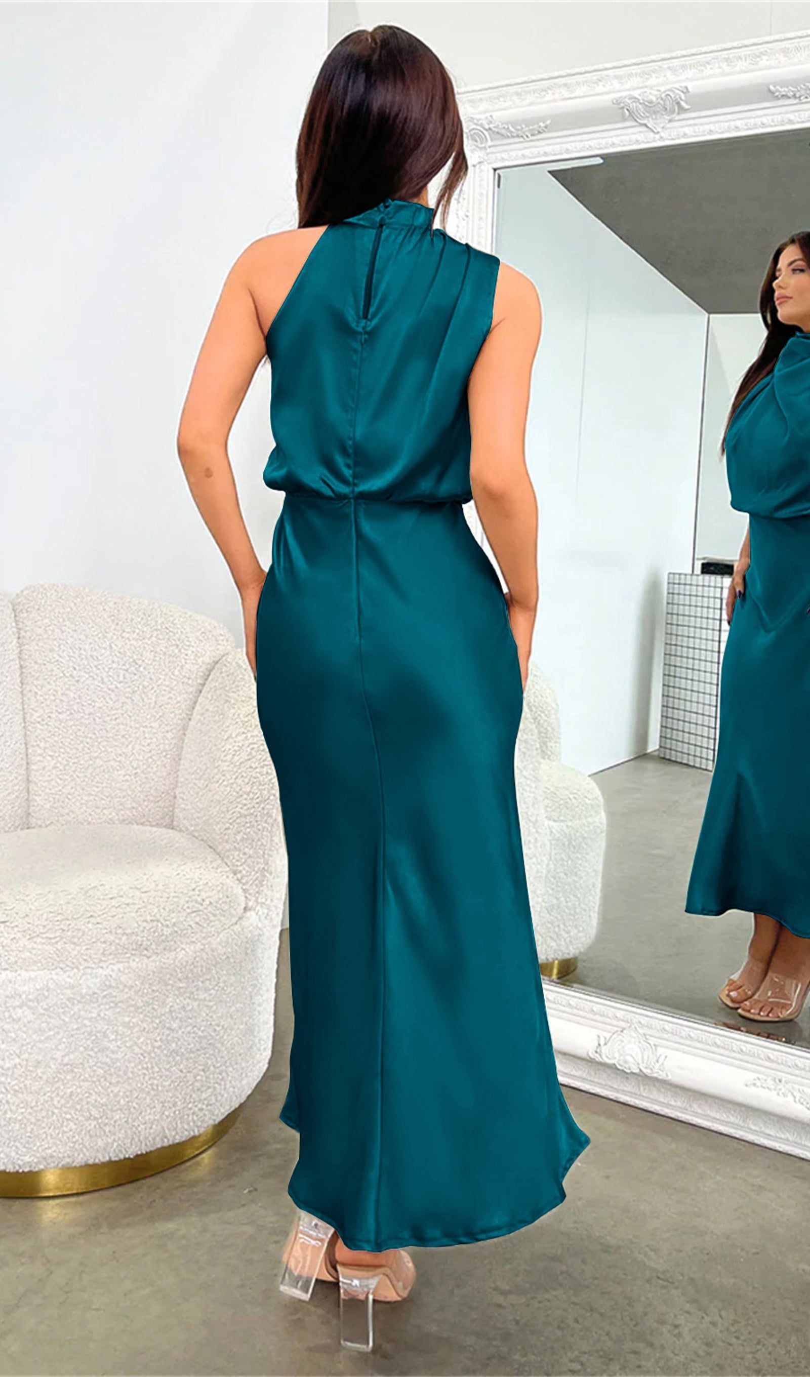 Asimetrik Saten Midi Elbise