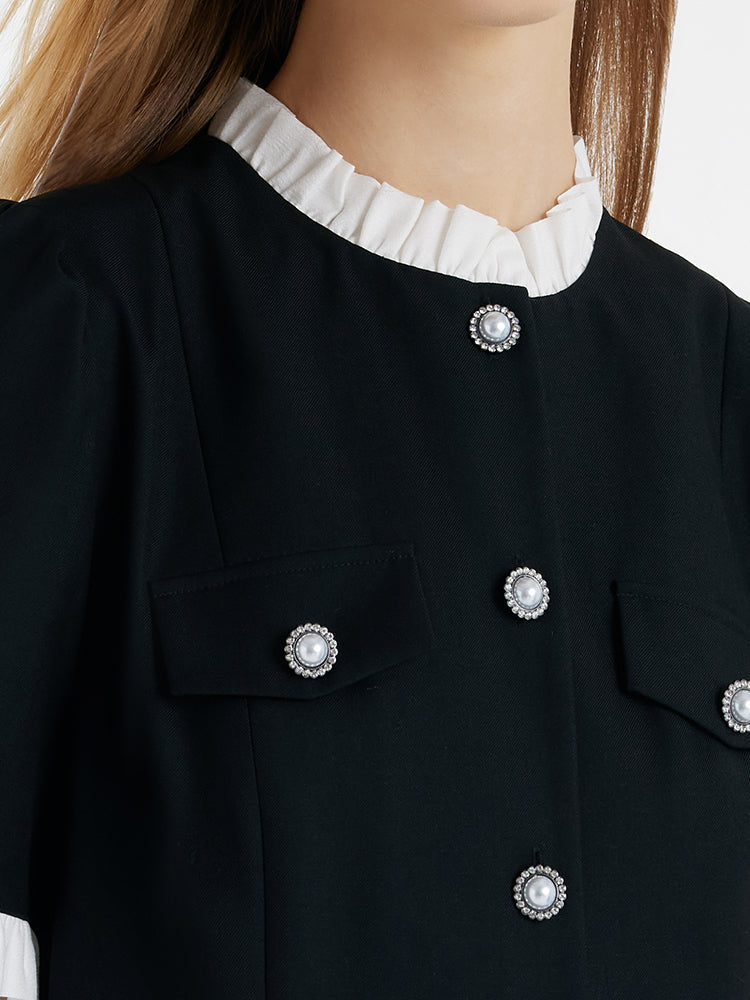 Fırfır Süslemeli İnci Düğmeli Kadın Mini Siyah Spor Elbise