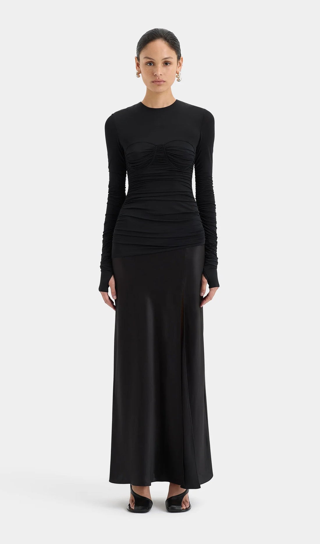 Drapeli Jersey ve Saten Maksi Elbise-Siyah