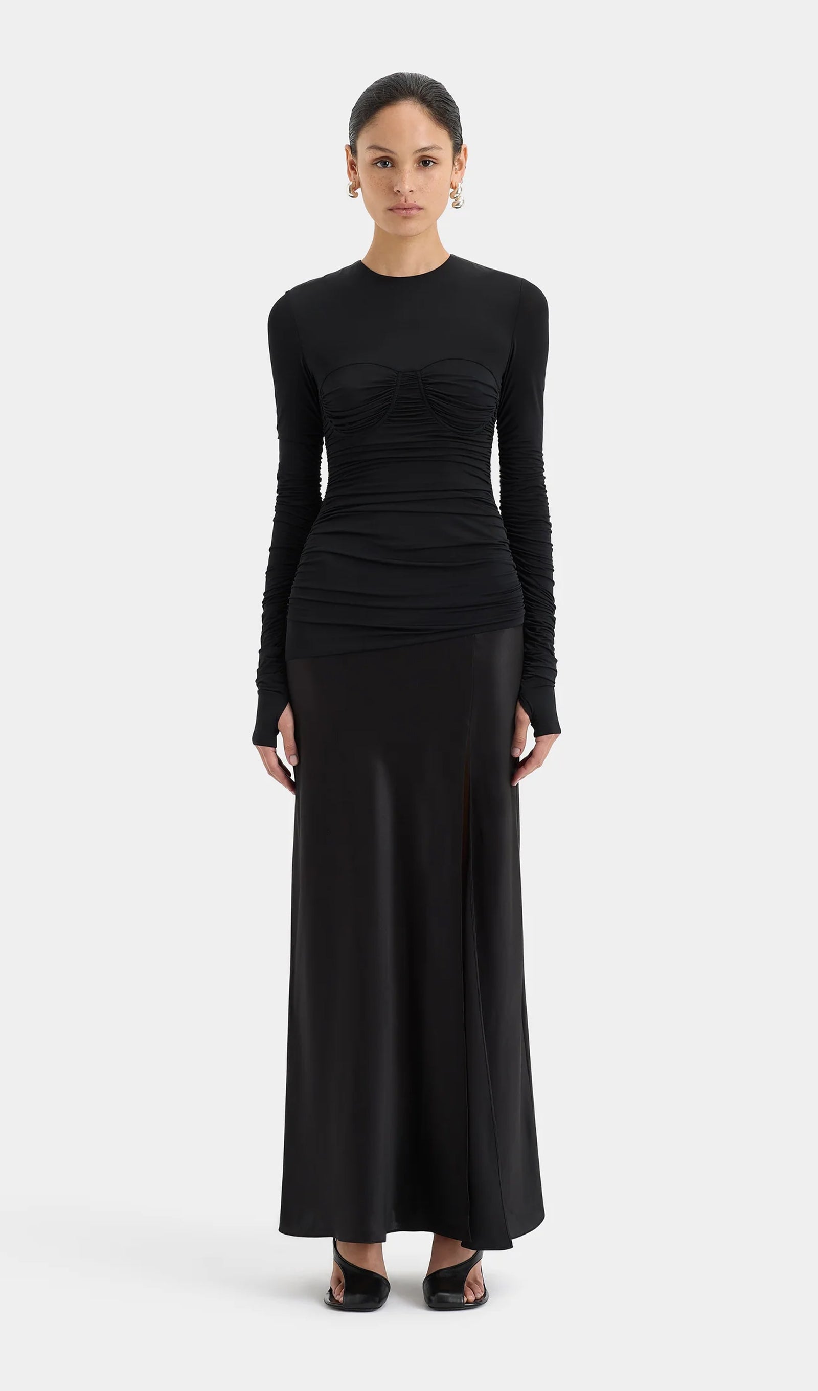 Drapeli Jersey ve Saten Maksi Elbise-Siyah