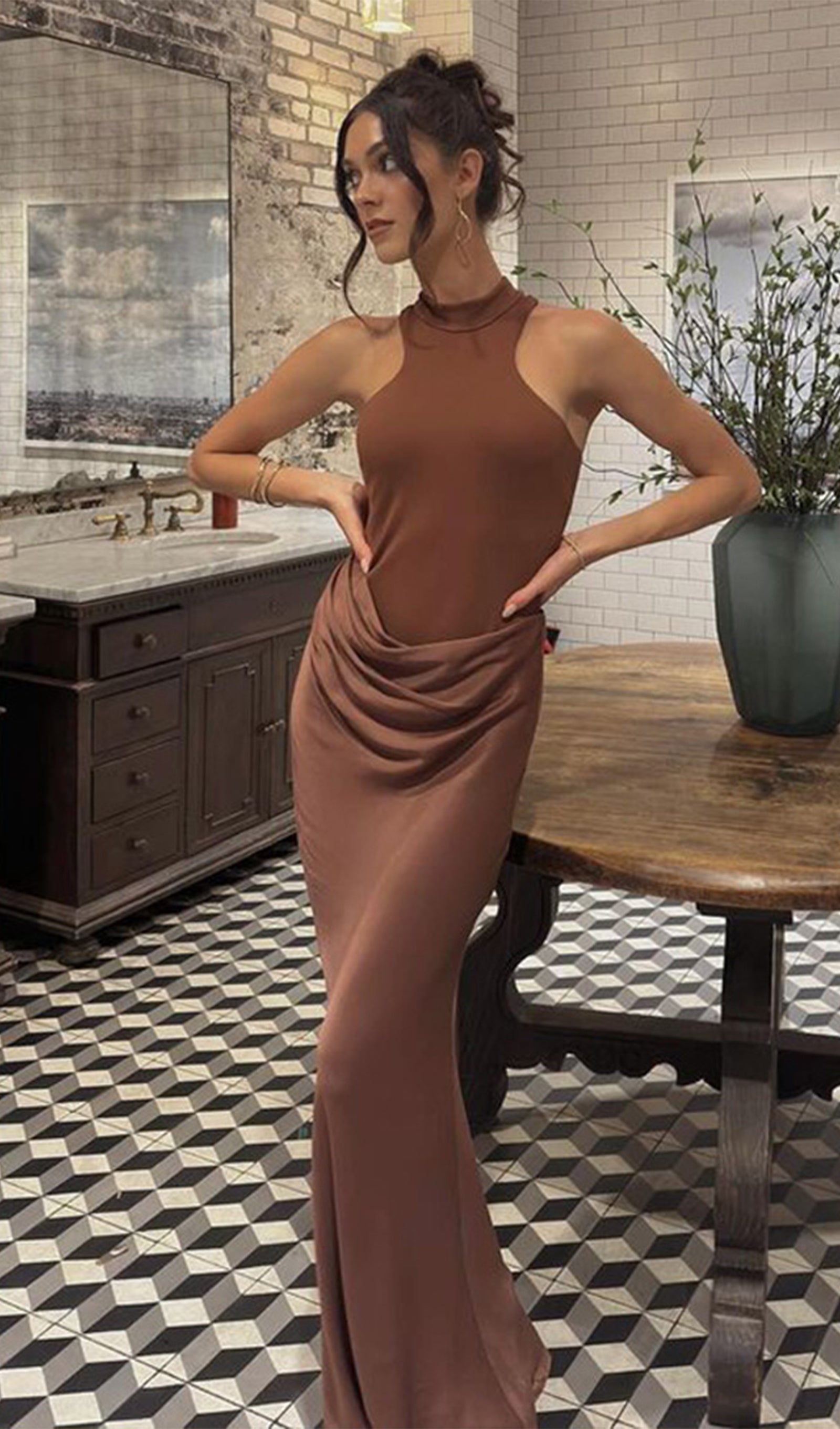 Hollow Out Maksi Elbise-Kahverengi/Haki