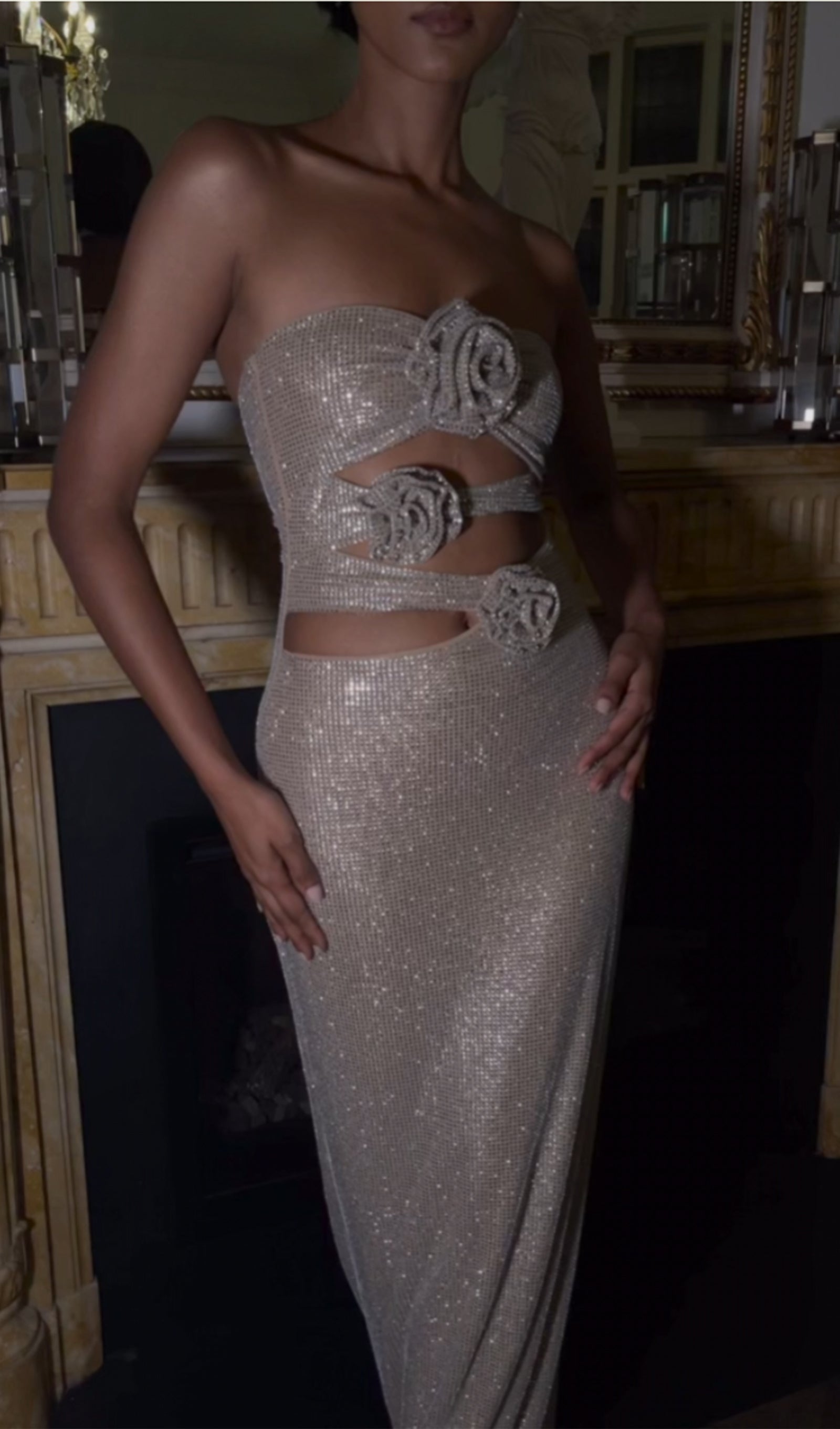 Straplez Gül Diamante Maksi Elbise