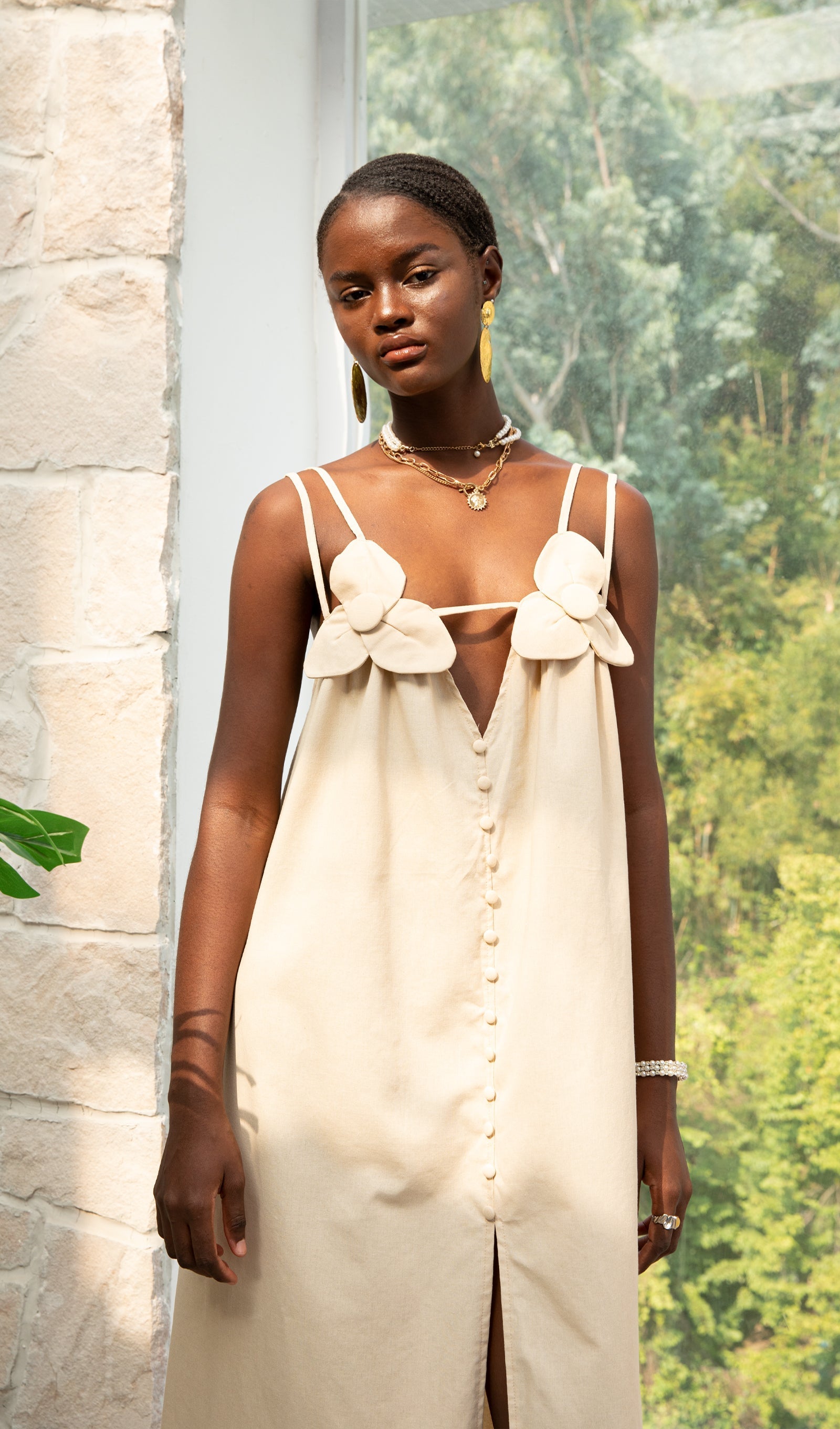 Trendy V Yaka Çiçekli Yüksek Yırtmaçlı Maksi Elbise