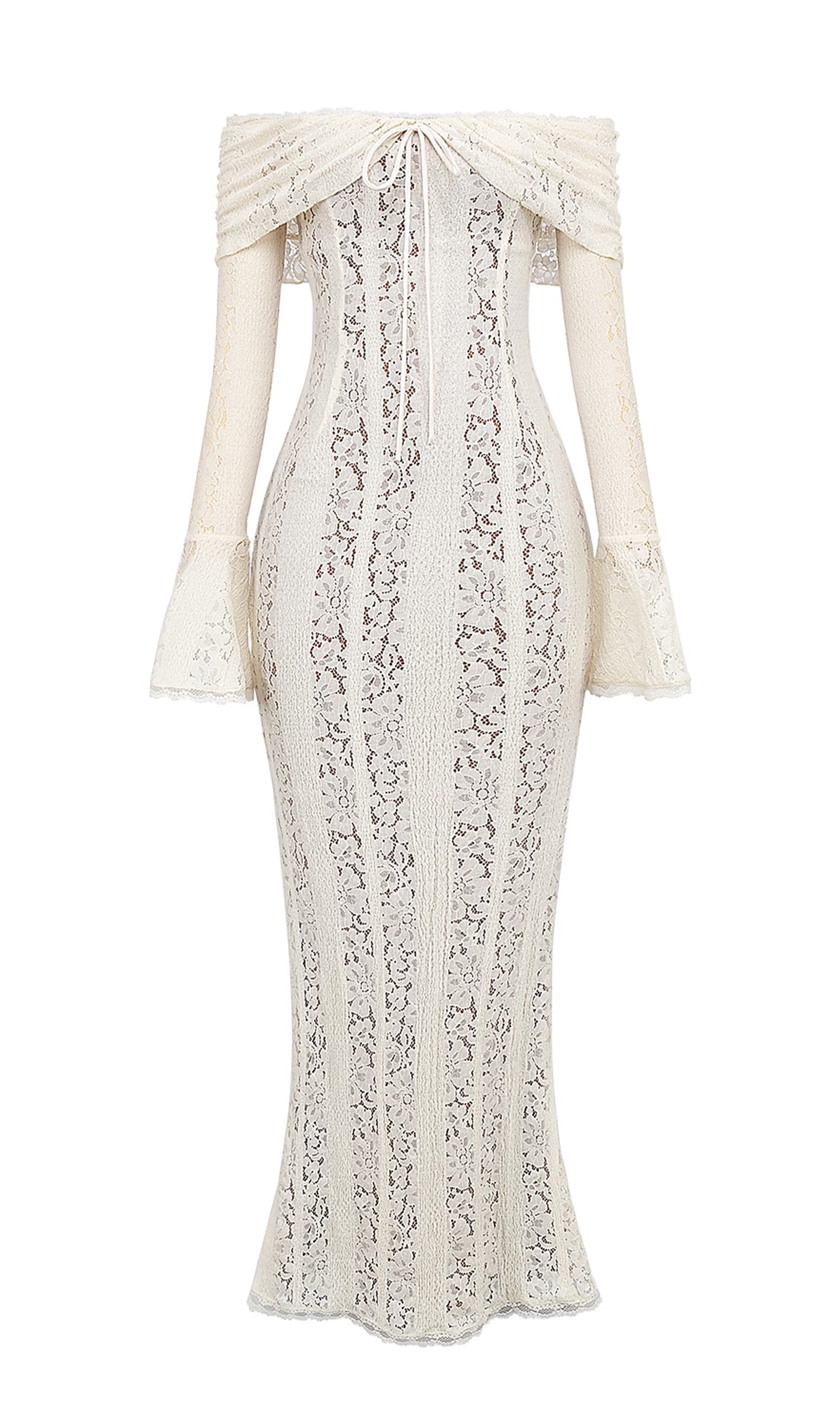 Vintage Çiçekli Dantel Kapalı Omuz Maksi Elbise