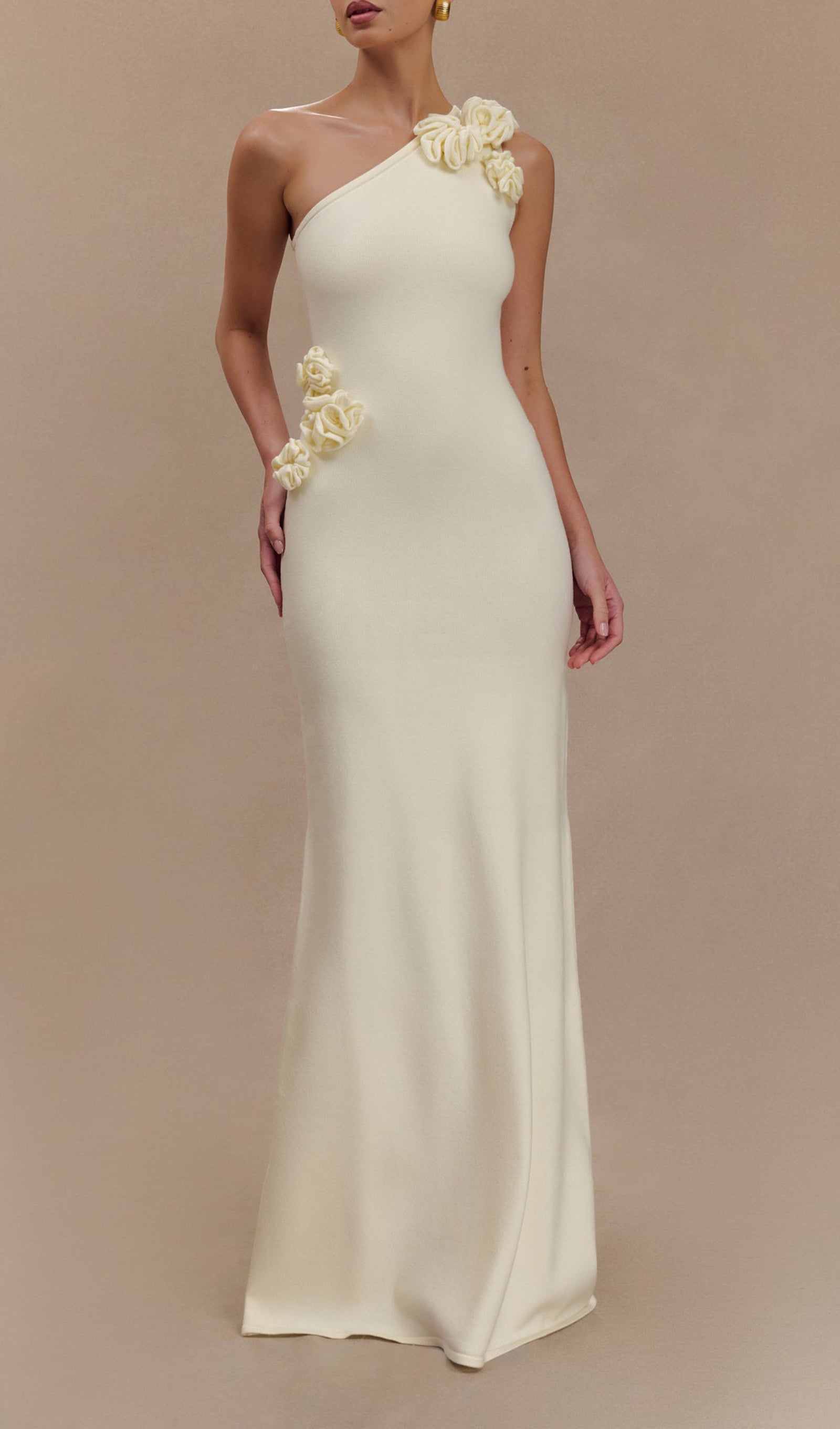 Tek Omuz Çiçekli Örgü Maksi Elbise - Fildişi