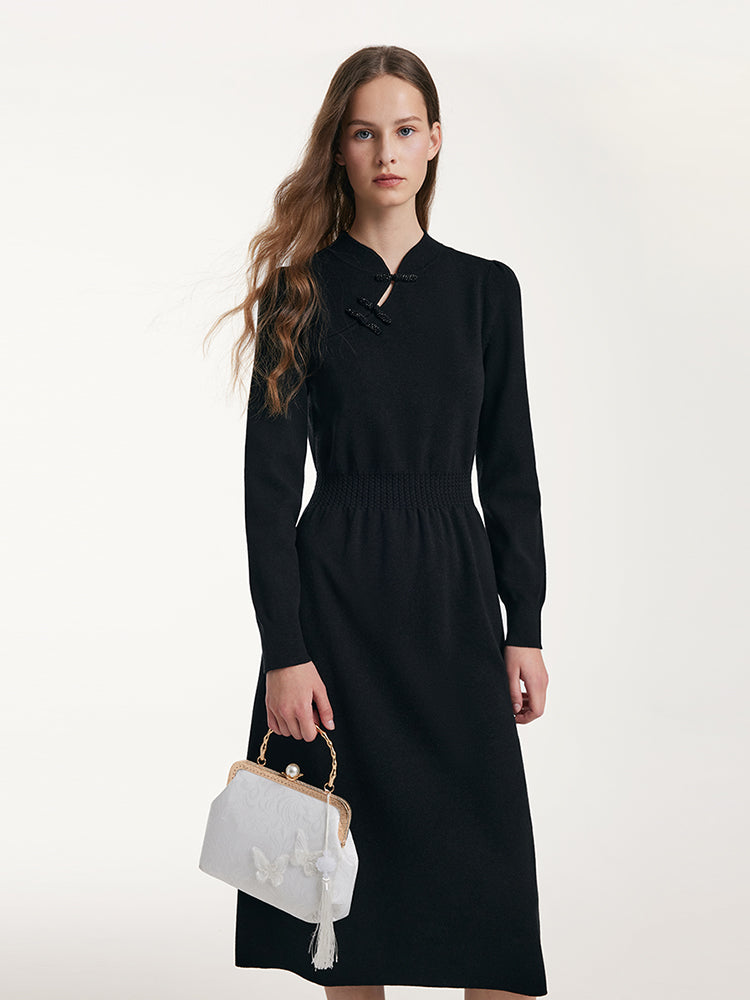 Yün Cheongsam Büzgülü Bel Qipao Kırmızı Midi Kışlık Elbise