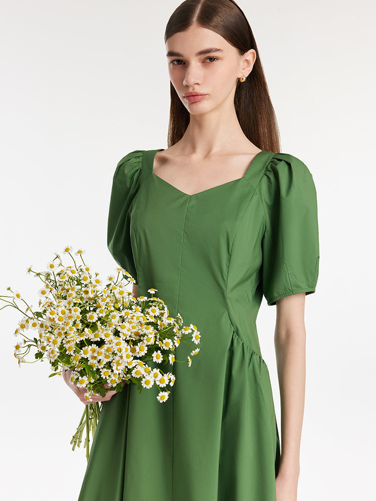 Kare Yaka Puf Kollu Kadın Midi Spor Yeşil Elbise