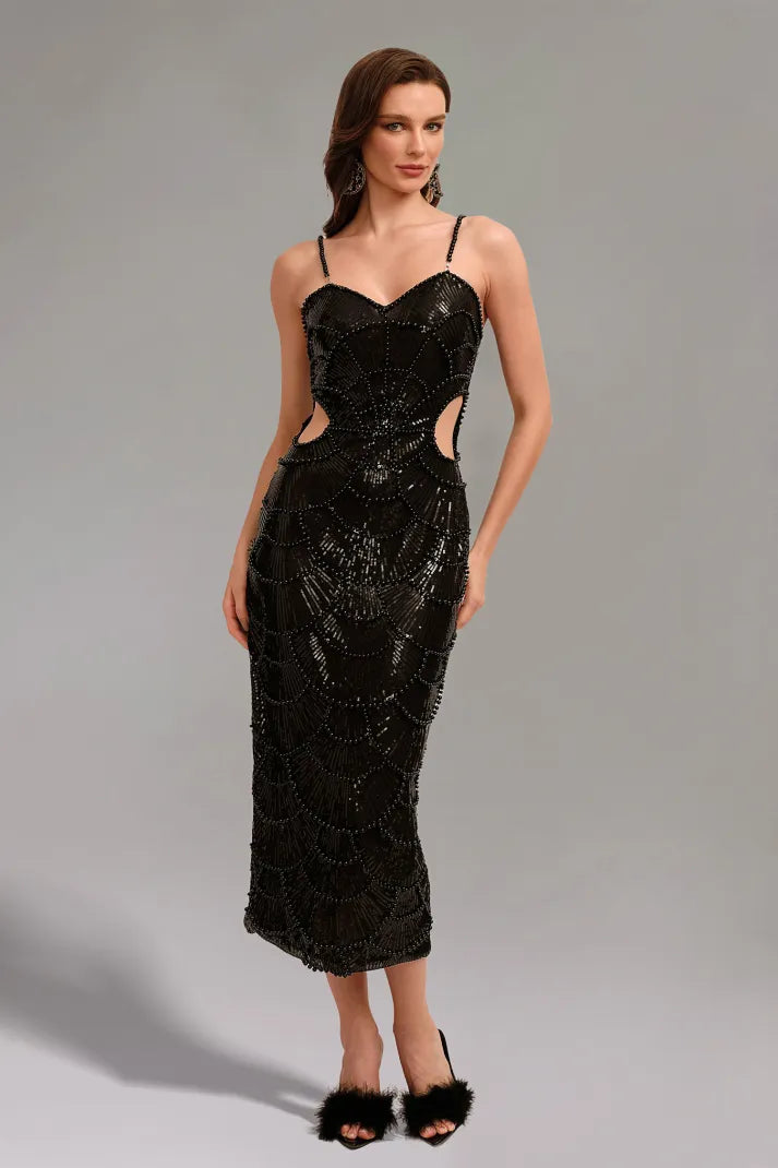 Teressa Siyah İnci İşlemeli Askılı Maxi Elbise