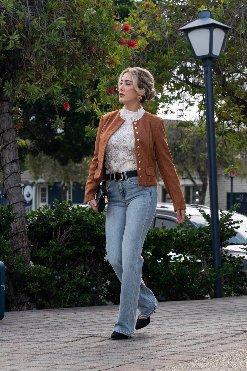 Uzun Kollu Düğmeli Vegan Süet Ceket