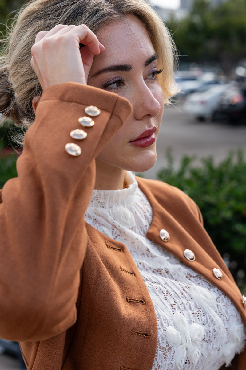 Uzun Kollu Düğmeli Vegan Süet Ceket