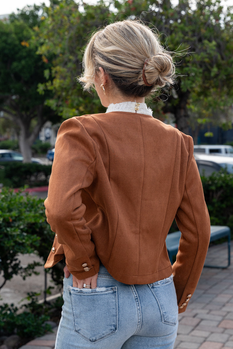 Uzun Kollu Düğmeli Vegan Süet Ceket