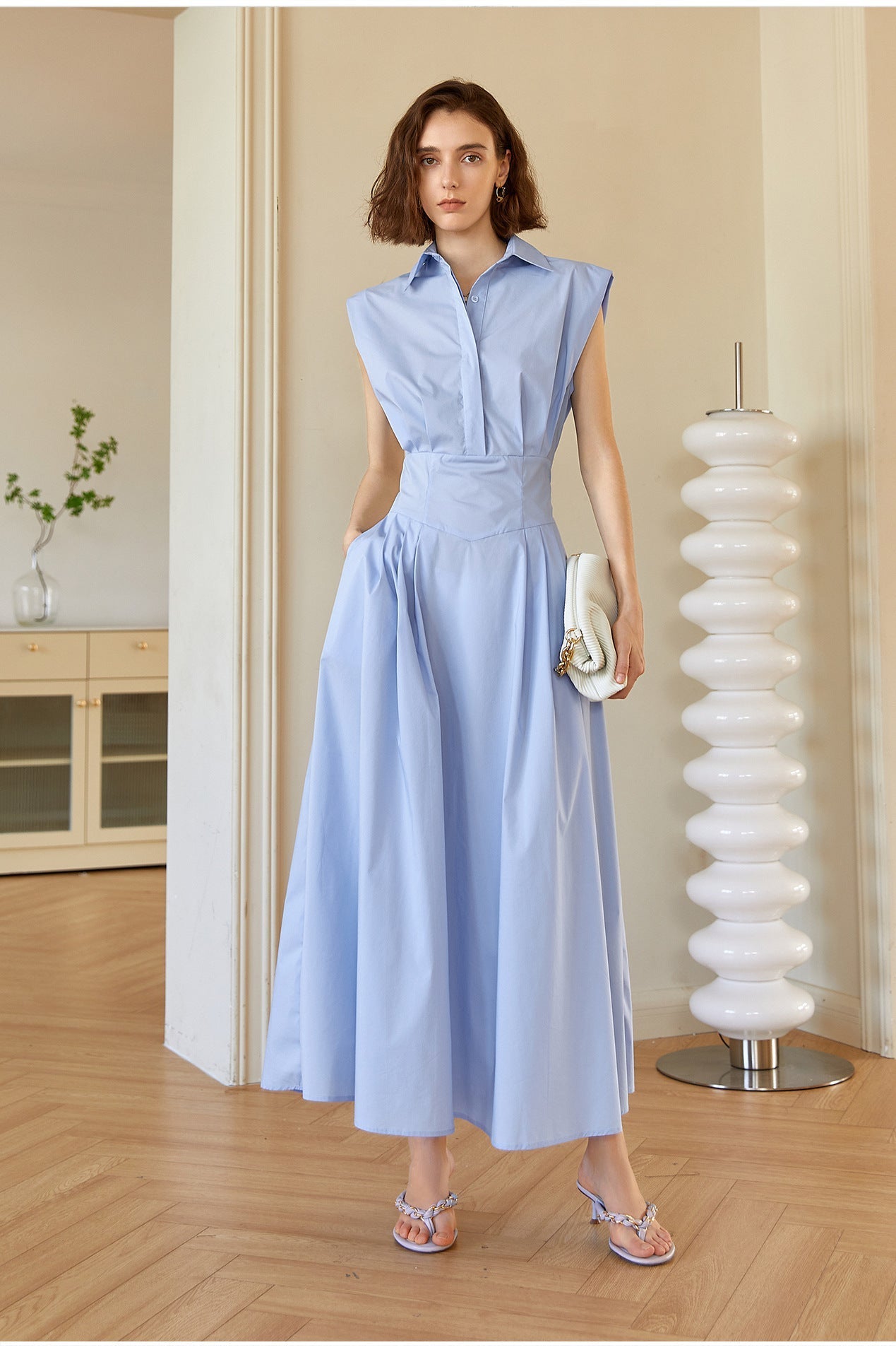 Aurora Kolsuz Polo Yaka Pamuklu Maxi Elbise