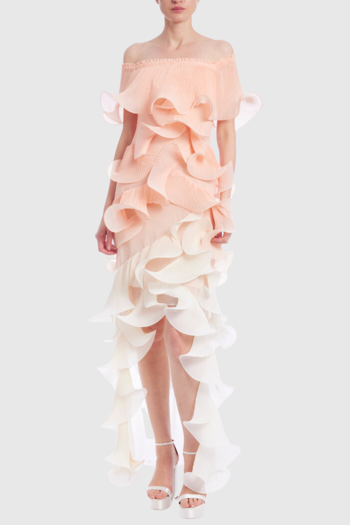 Afanen Fırfırlı Örgü Kapalı Omuz Maksi Elbise