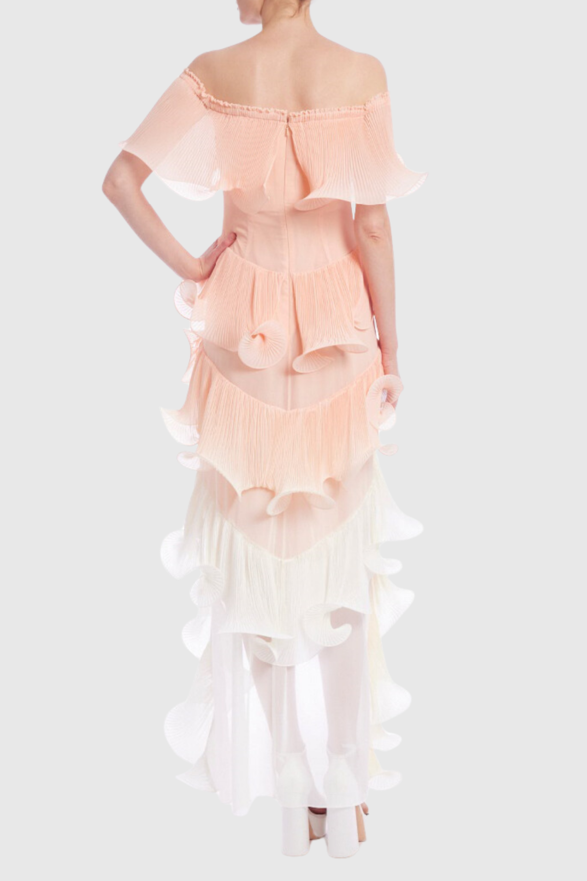 Afanen Fırfırlı Örgü Kapalı Omuz Maksi Elbise