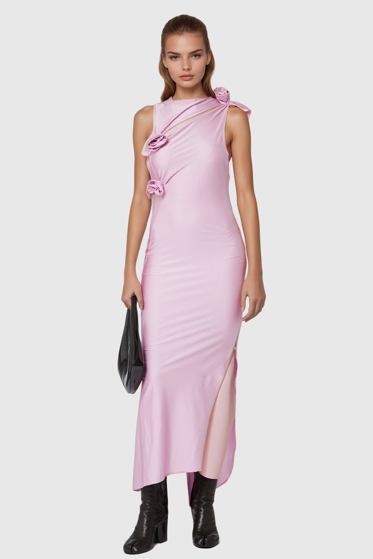 Agatha Çiçek Yırtmaçlı Asimetrik Maksi Elbise