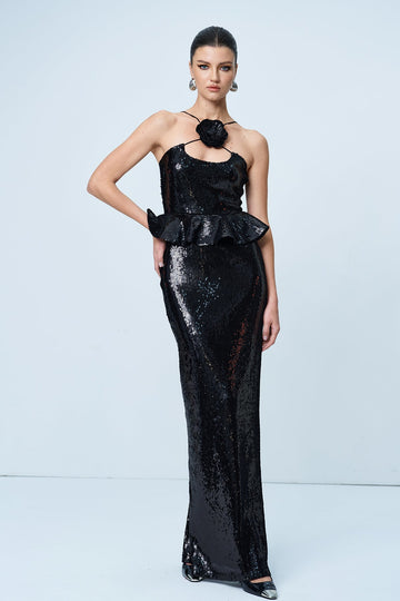 Ambar Pullu Çiçek Fırfırlı Maksi Elbise