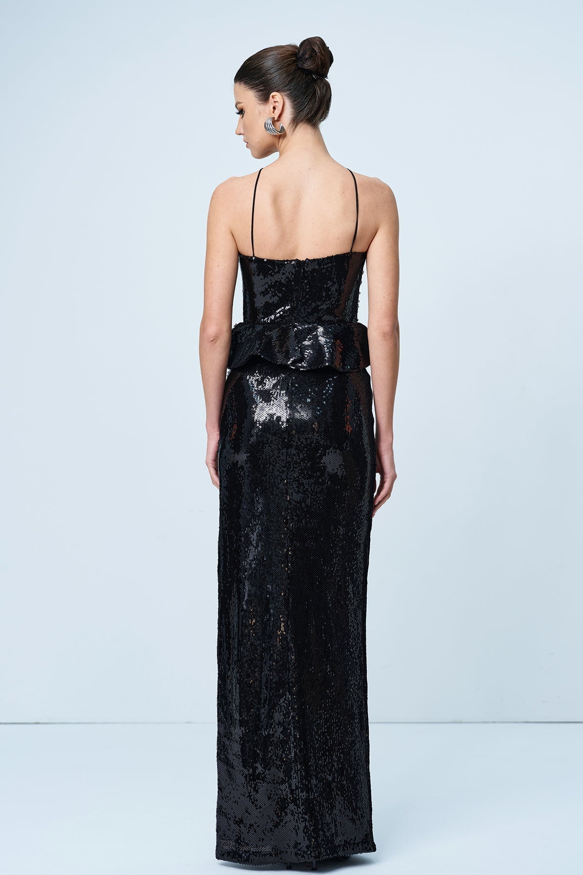 Ambar Pullu Çiçek Fırfırlı Maksi Elbise