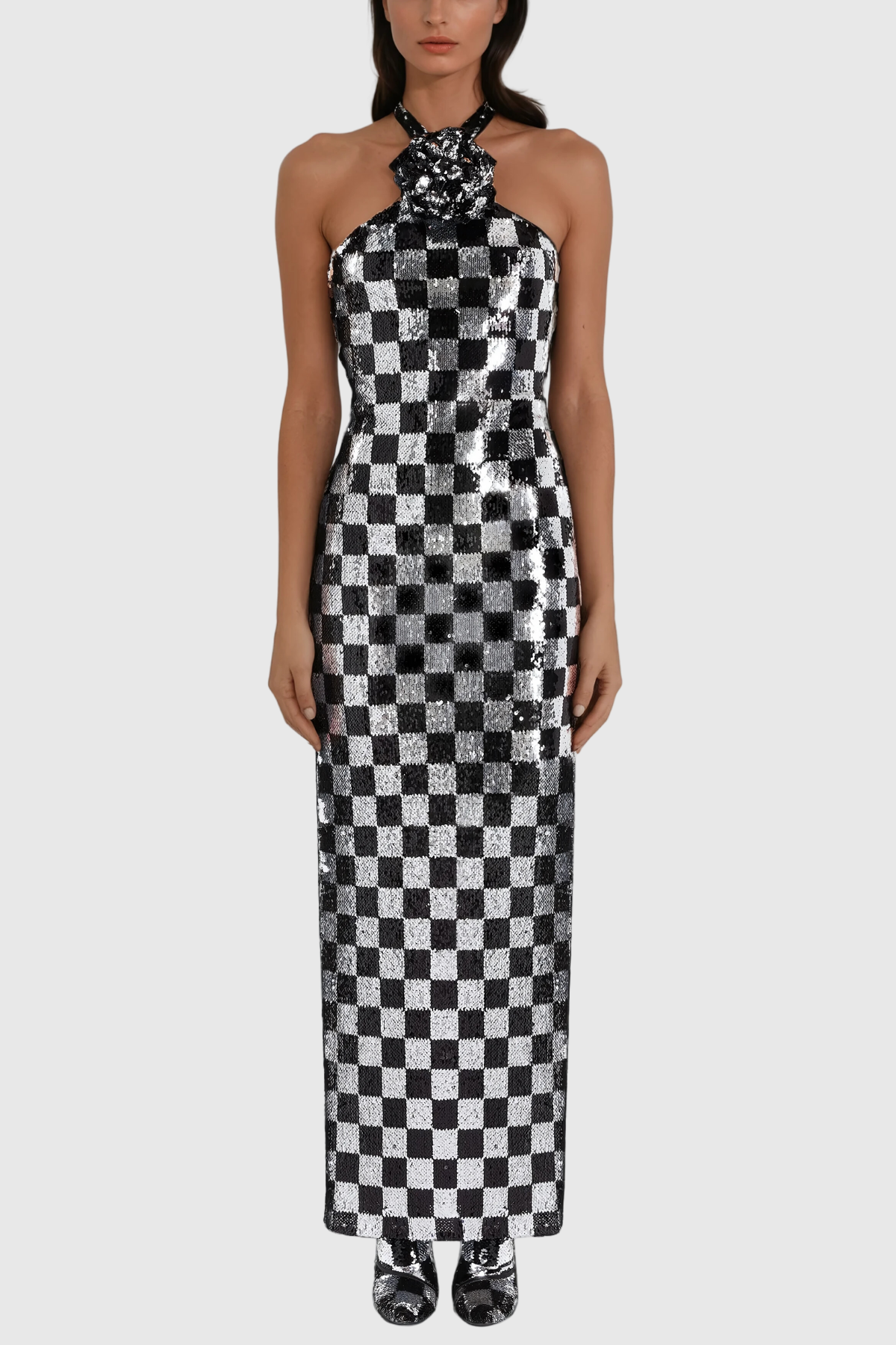 Ambel Grid Payet Çiçekli Maksi Elbise