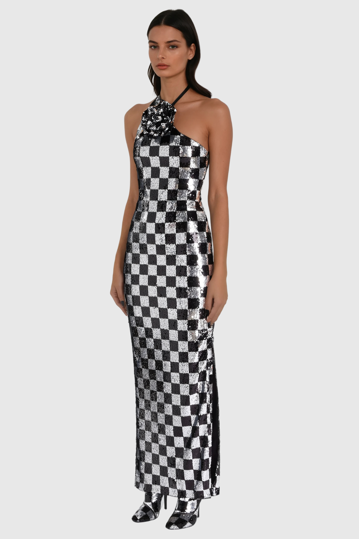 Ambel Grid Payet Çiçekli Maksi Elbise