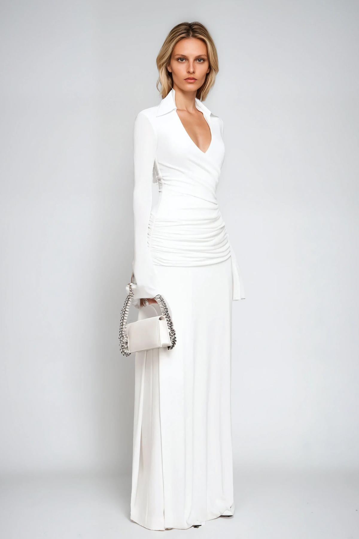 Amiah Ruch Yaka Maksi Elbise Beyaz