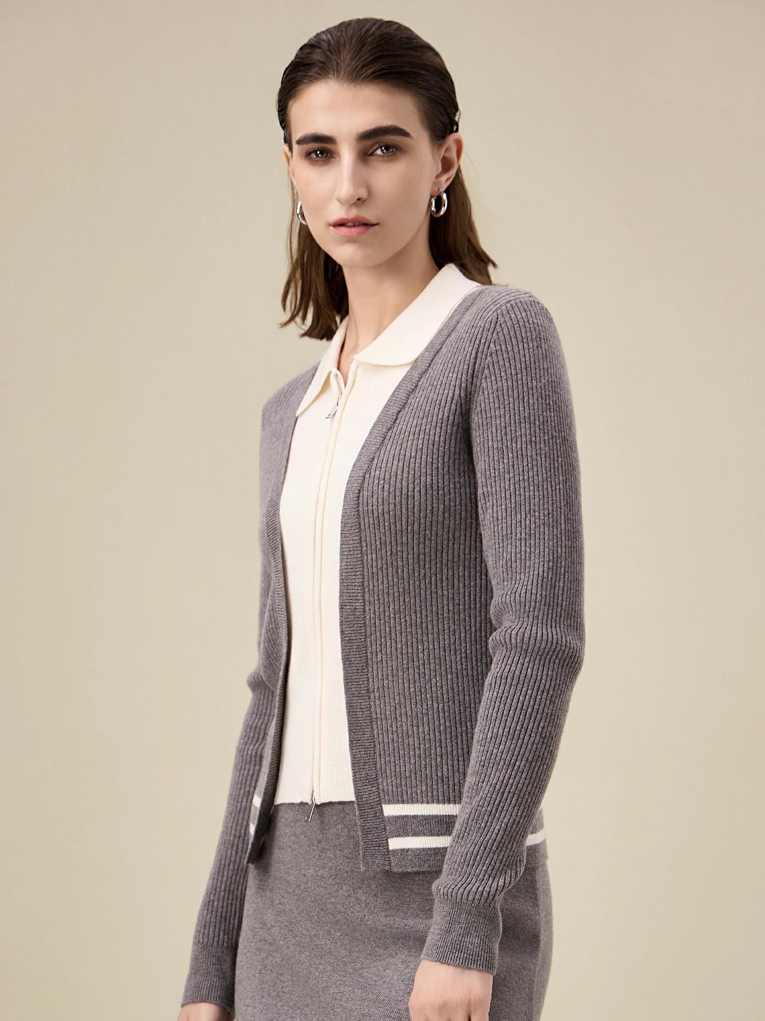 Yaka Kontrast Renkli Çift %100 Yün  Fermuarlı Örgü Hırka