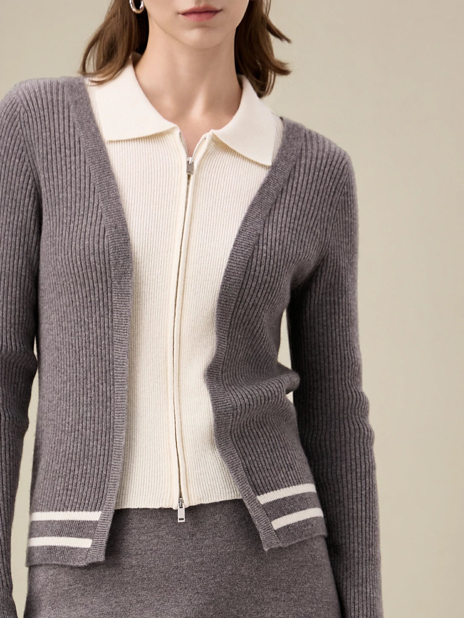 Yaka Kontrast Renkli Çift %100 Yün  Fermuarlı Örgü Hırka