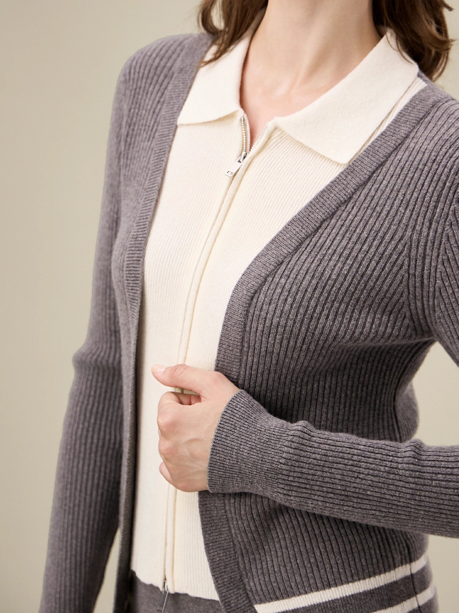 Yaka Kontrast Renkli Çift %100 Yün  Fermuarlı Örgü Hırka