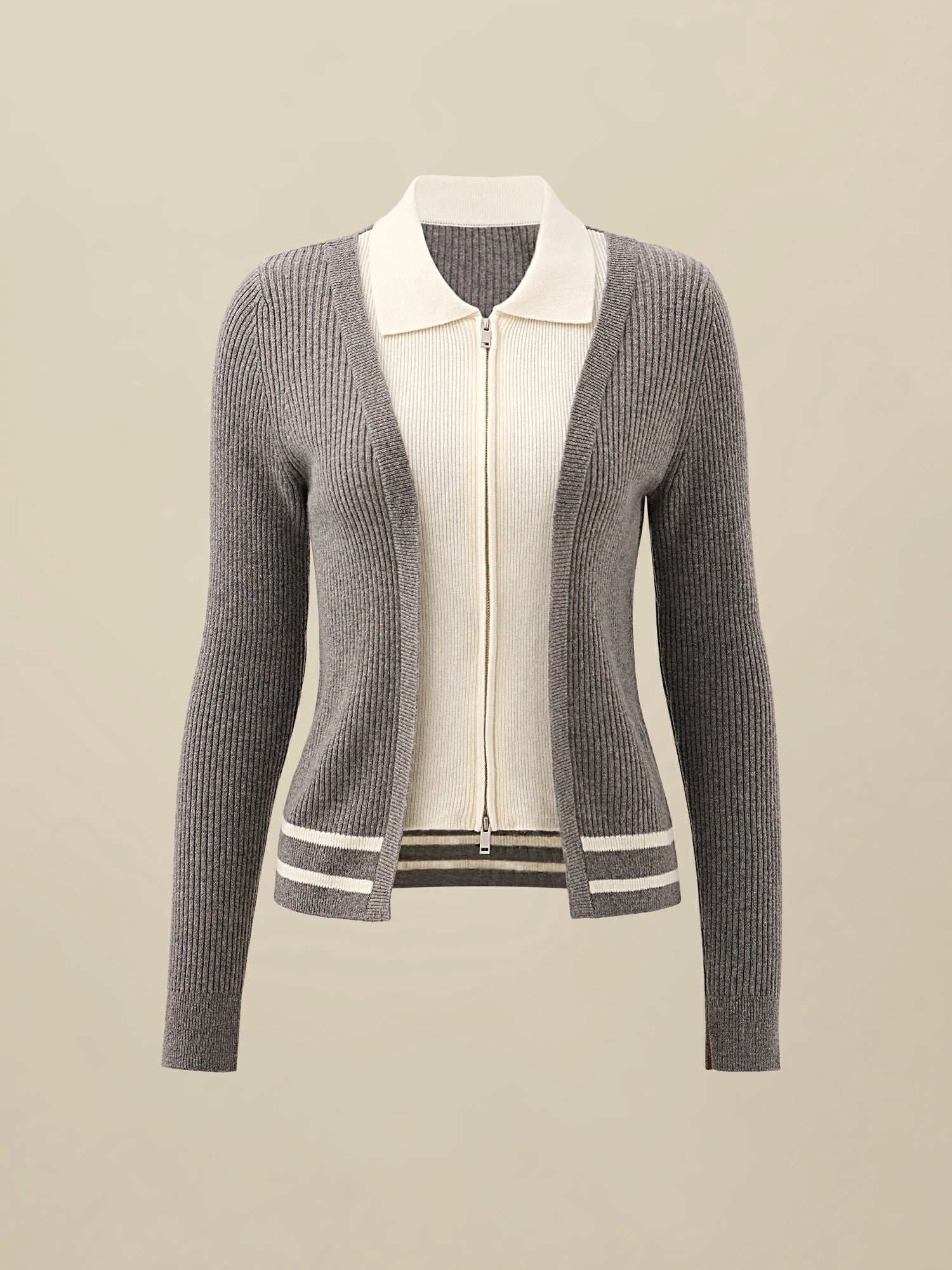 Yaka Kontrast Renkli Çift %100 Yün  Fermuarlı Örgü Hırka