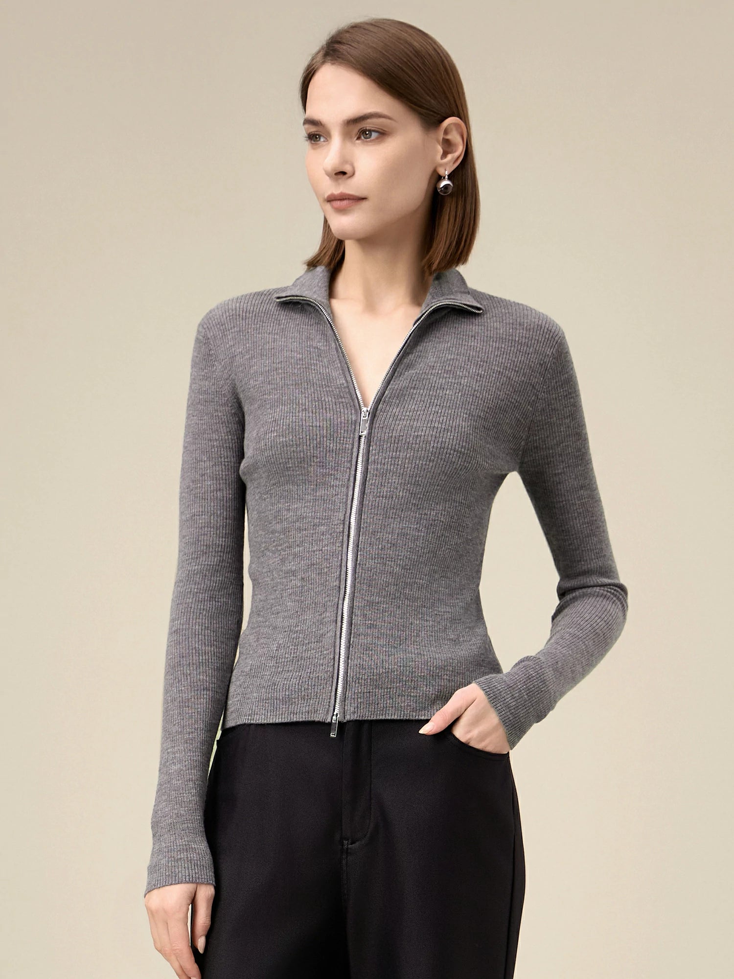 Yün Dik Yaka Çift Fermuarlı %100 Örgü Ceket