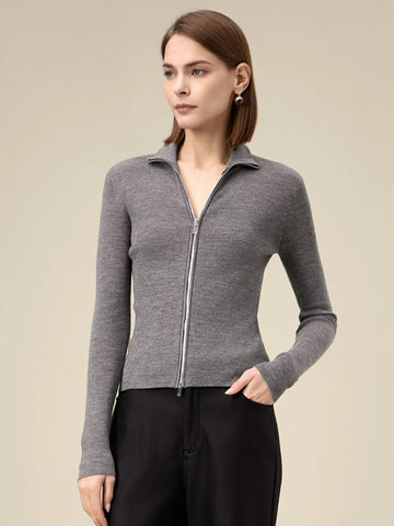 Yün Dik Yaka Çift Fermuarlı %100 Örgü Ceket