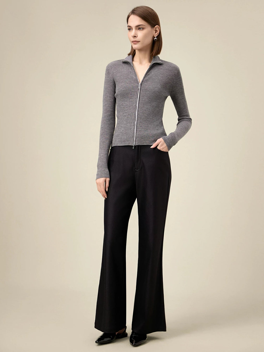 Yün Dik Yaka Çift Fermuarlı %100 Örgü Ceket